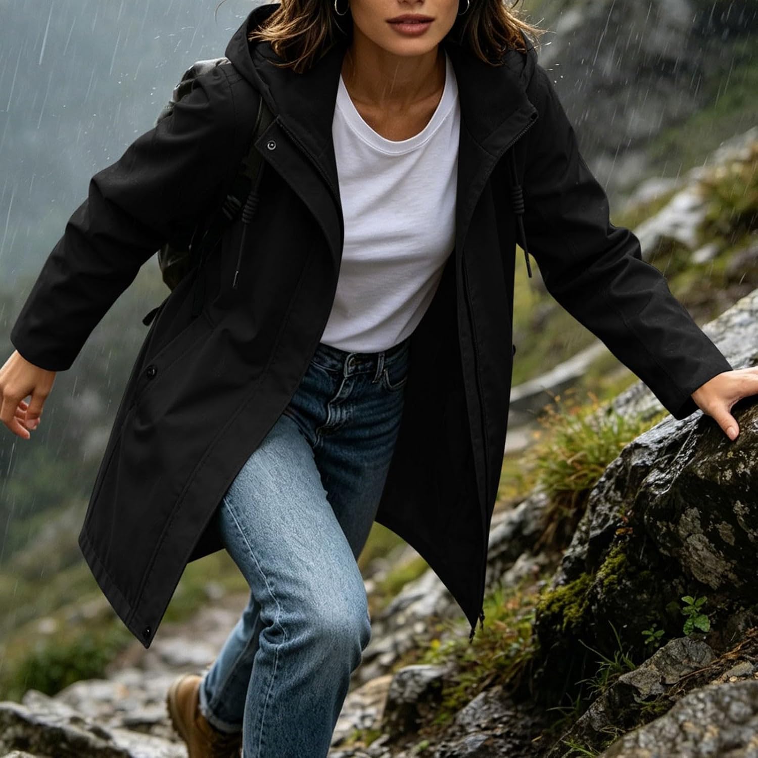 Women Long Hooded Rain Jacket Long Sleeve Waterproof Drawstring Hoodie Outdoor Hiking Windbreaker Coat with Pockets