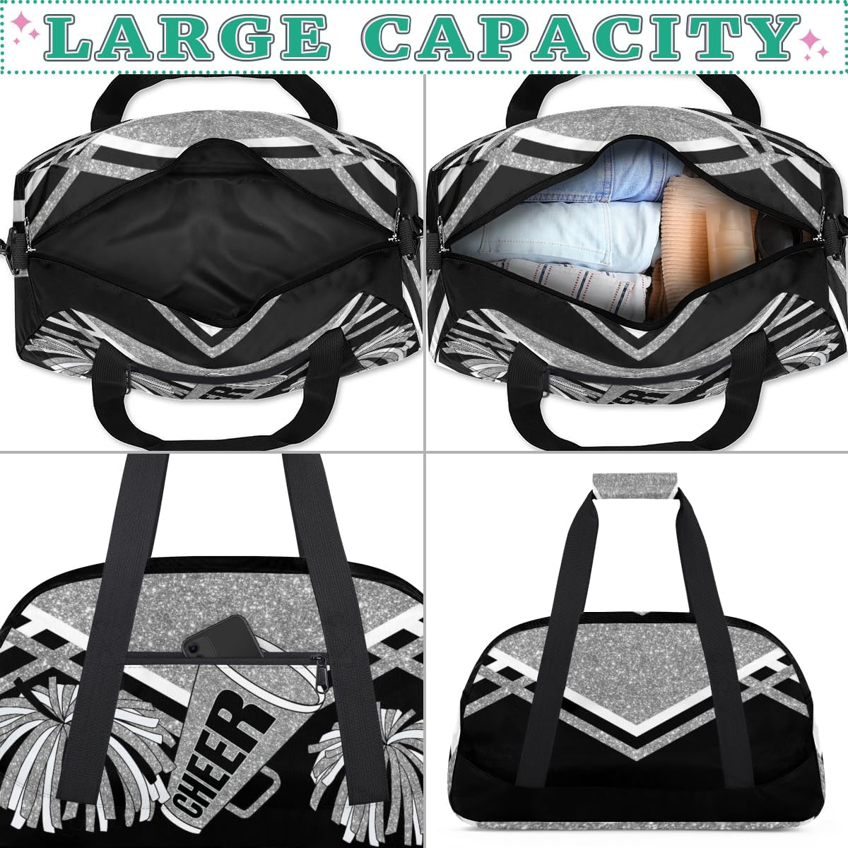 Cheerleading Dance Bag Girls, Sports Bag Gym Sport Duffel Bag Weekender Cheerleaders Bags Travel Dancing Lightweight Bag, Silver Black Glitters Print Effect - Image 5