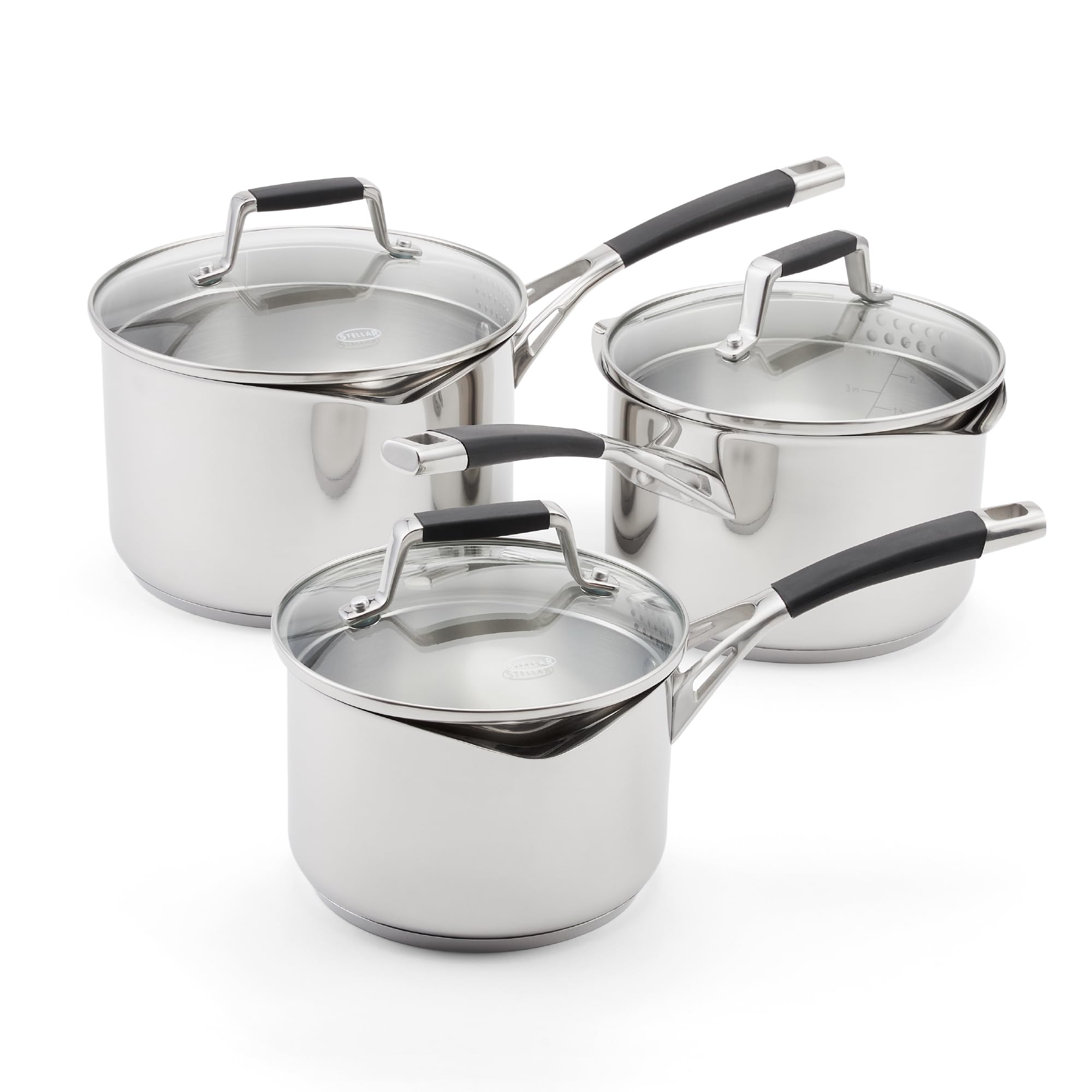 3 Piece Draining Saucepan Set - Stainless Steel Cookware Set with Vented Draining Lids, Easy-Pour Rims & Internal Measurement Guides – Includes 3 Draining Saucepans, 16cm, 18cm, 20cm