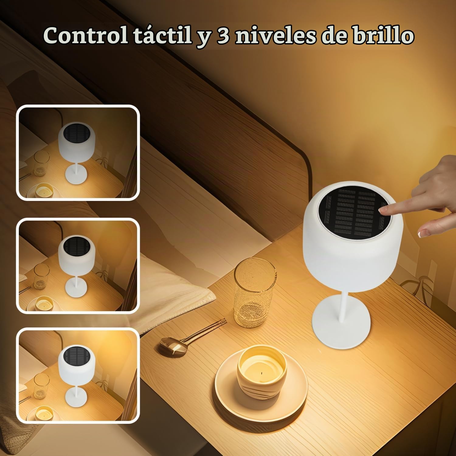 Aigostar Lámpara de Mesa Inalámbrica Recargable Solar y USB, Lámpara de Escritorio Táctil Regulable, Lámpara de Noche IP54 Impermeable para Interior y Exterior, Dormitorio, Restaurante - Blanco