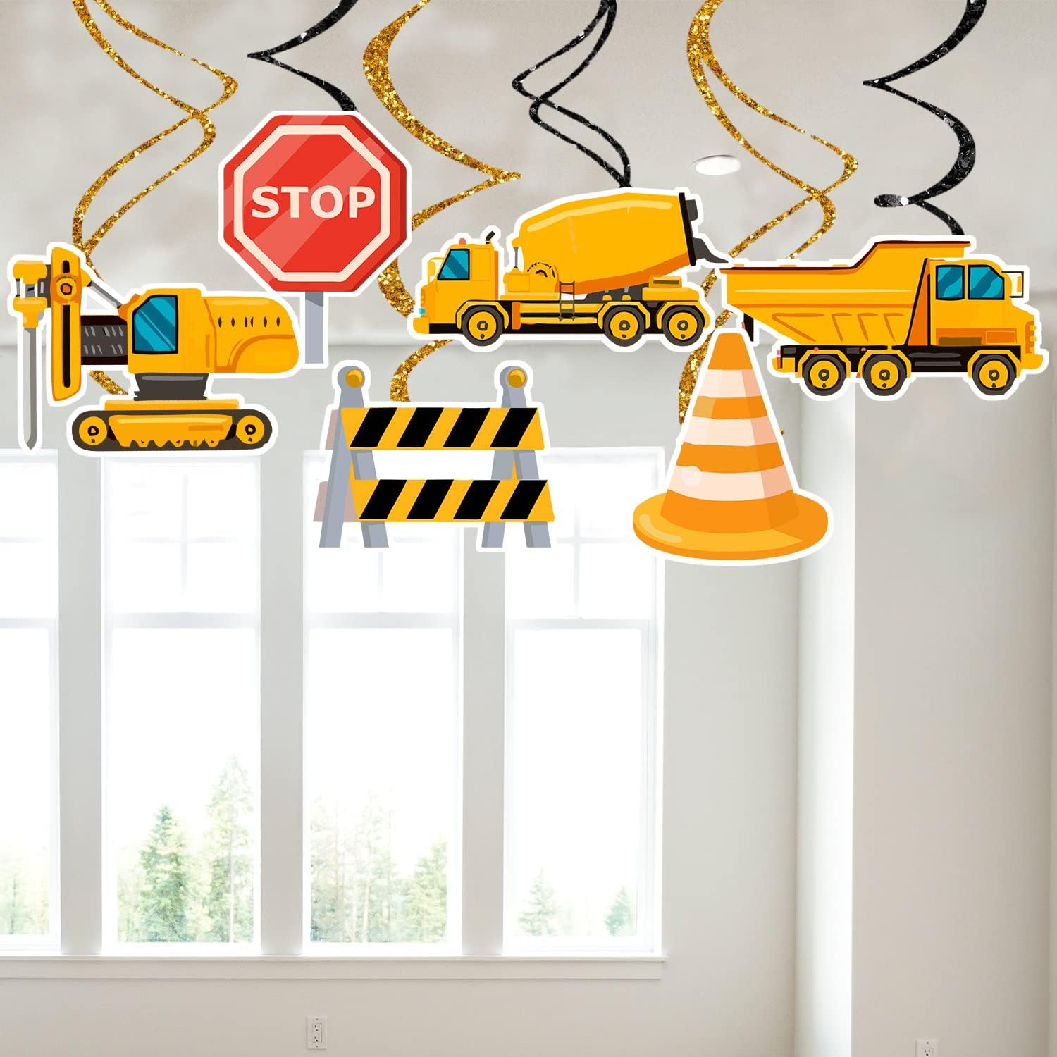 6 Pieces Construction Birthday Party Hanging Swirl Decoration, Traffic Zone Birthday, Construction Trucks Party Supplies, Stop Signs Tractor Bulldozers Dump Truck Party Foil Swirls