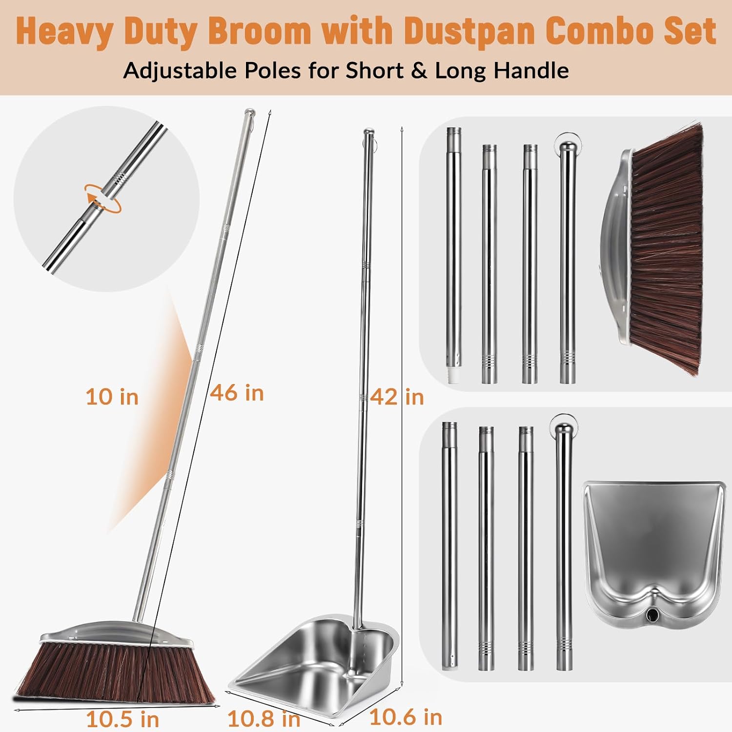 VOOWO Broom with Dustpan Combo Set, 46" Stainless Steel Broom and Dustpan Set for Home, Heavy Duty Dust Pan with Long Handle, Broom for Sweeping Indoor and Outdoor, Kitchen Broom and Dust Pan (Brown) image 2