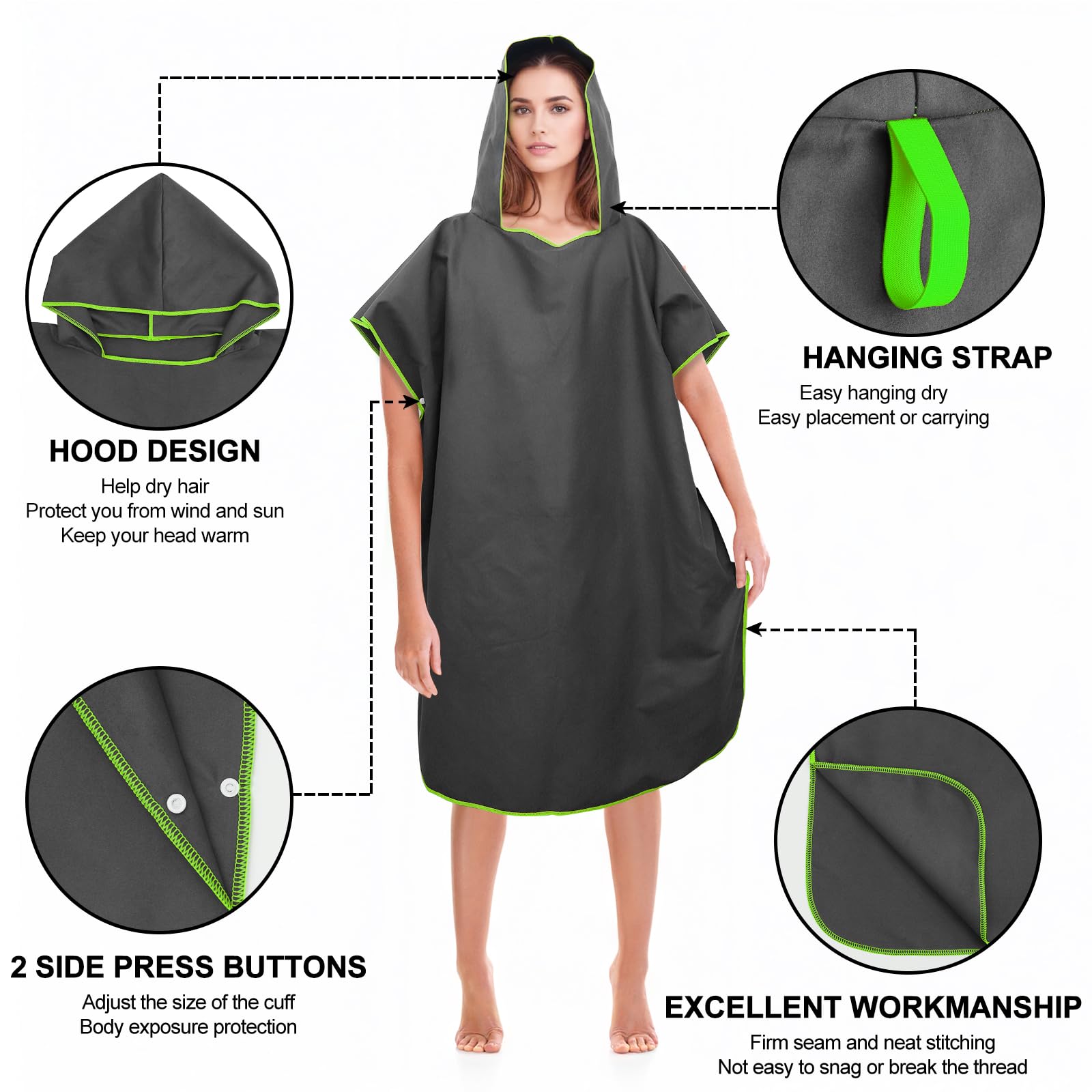 Pameil Poncho de baño para mujer y hombre, Poncho toalla, Poncho de microfibra para surf, Largo con capucha para mujer y hombre, Ideal para la playa, olas, surf (Gris oscuro)