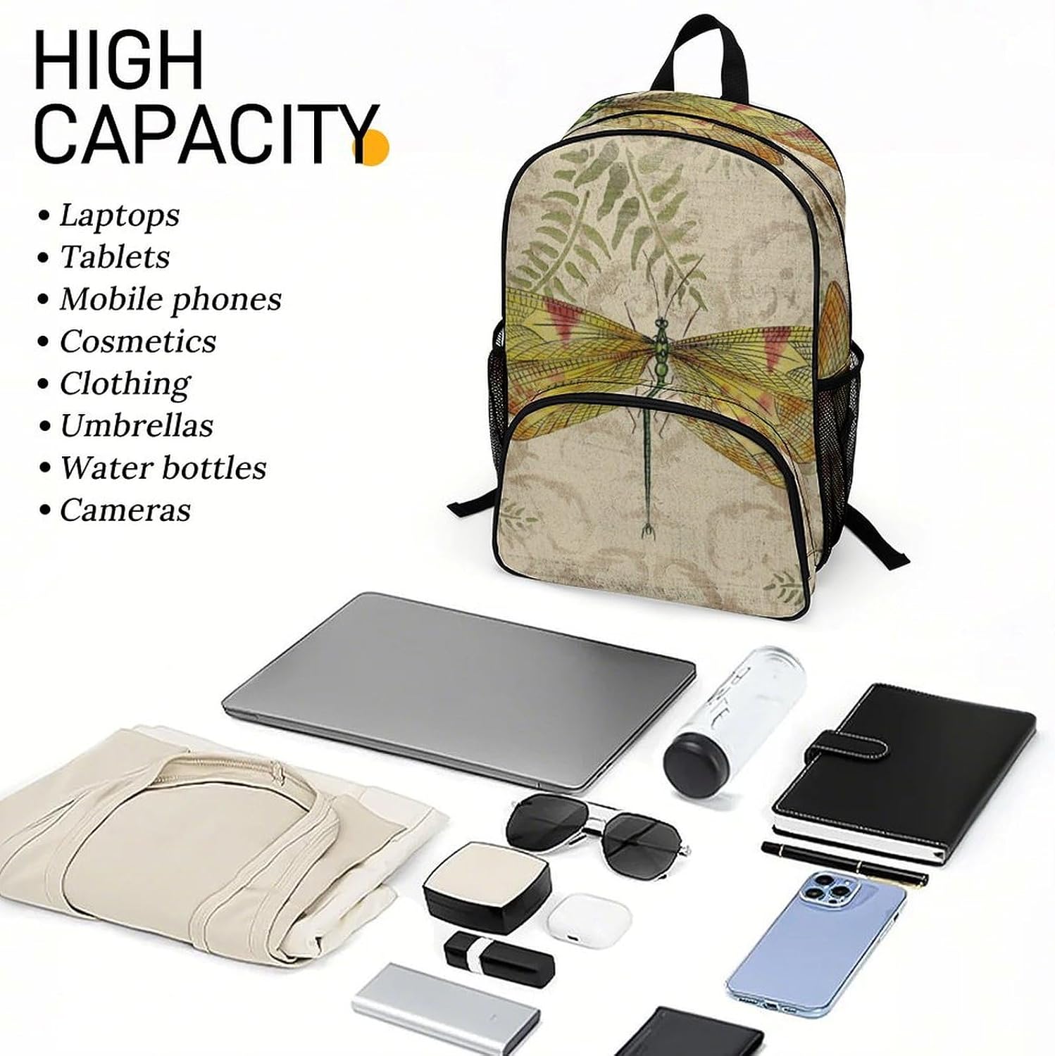 Vintage Style Dragonfly Backpack Waterproof Oxford Cloth Large Capacity Casual Backpack with Adjustable Padded Straps Multipurpose Daypack for Daily Commuter and image 5