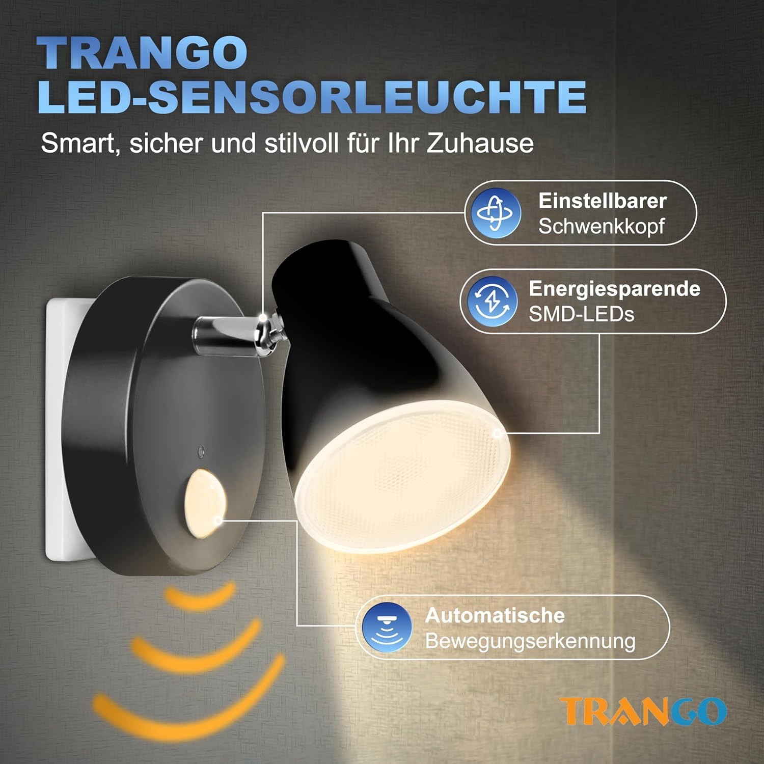 Trango 2er Set Schwarz LED Sensor Nachtlicht *MILO* 2635-025 mit Bewegungssensor & Automatikfunktion Sicherheitslicht 230V Steckdosenlampe, Wandlampe, Orientierungslicht, Nachtlampe, Steckdosenlicht