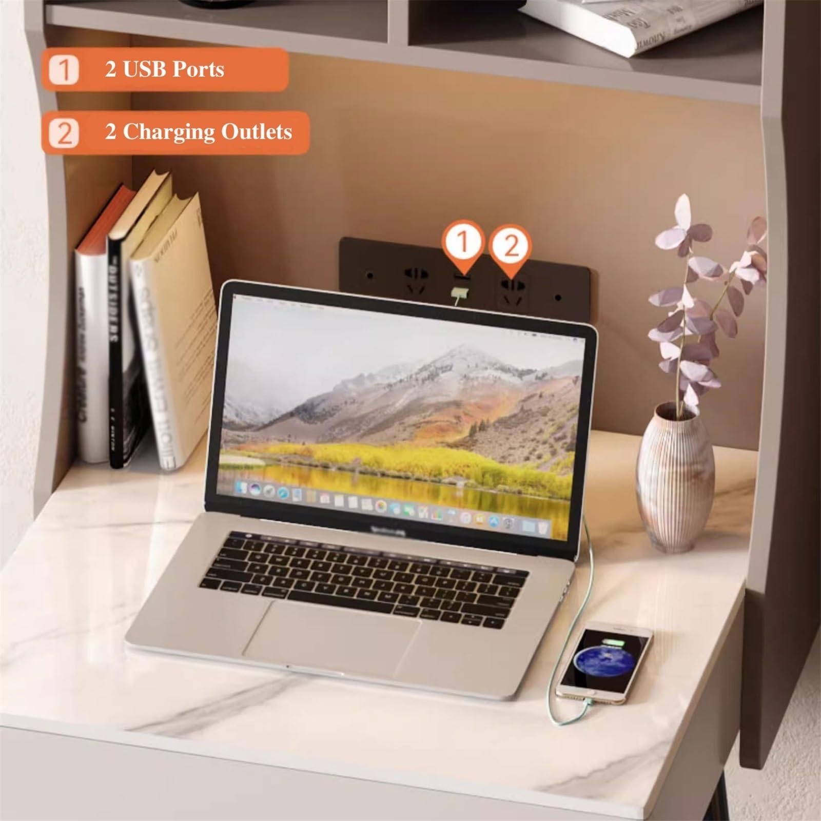 Nowoczesne Nowoczesne biurko do nauki z nadstawką i szufladą, na laptopa 24,8" półkami stacją ładującą Stół komputerowy