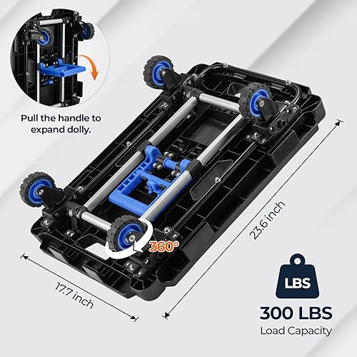 Miniatura 2 de MUNBYN Camión de plataforma, carrito de empuje Dolly móvil plegable de mano, carrito portátil de 300 libras para almacenamiento de garaje, hogar y