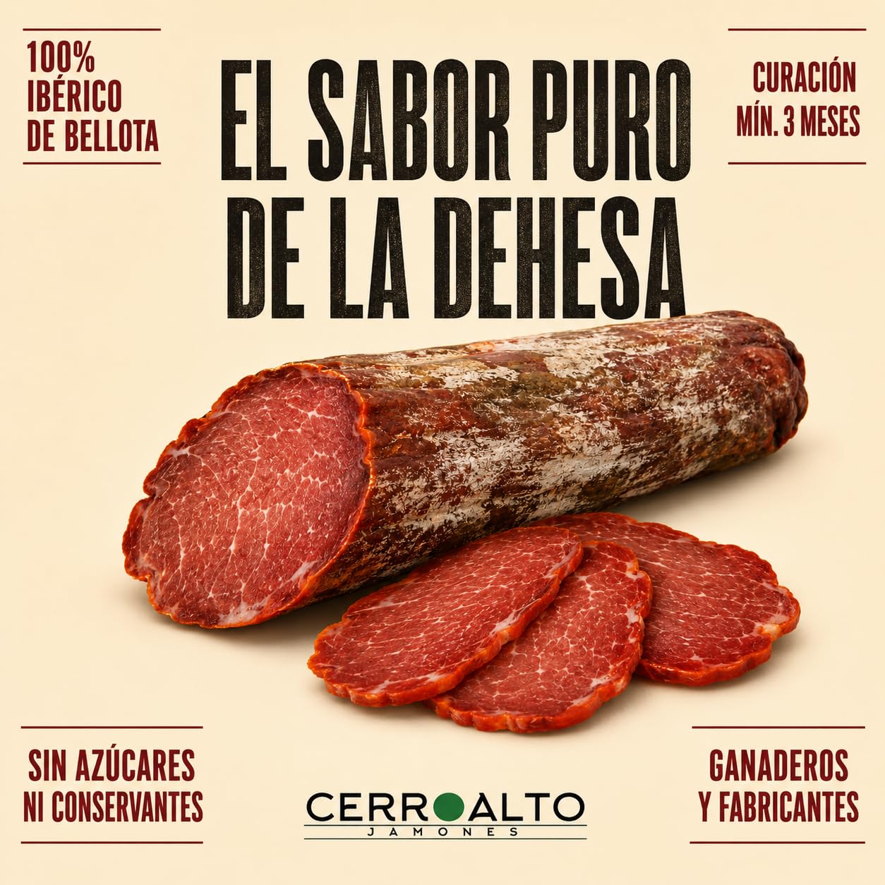 CERROALTO | Lomo Embuchado de Bellota 100% Ibérico | Caña Curada en Bodega Natural | Pieza de 500 g a 600 g | Sin Azúcares ni Conservantes | Sabor Intenso y Veteado del Auténtico Cerdo de la Montanera