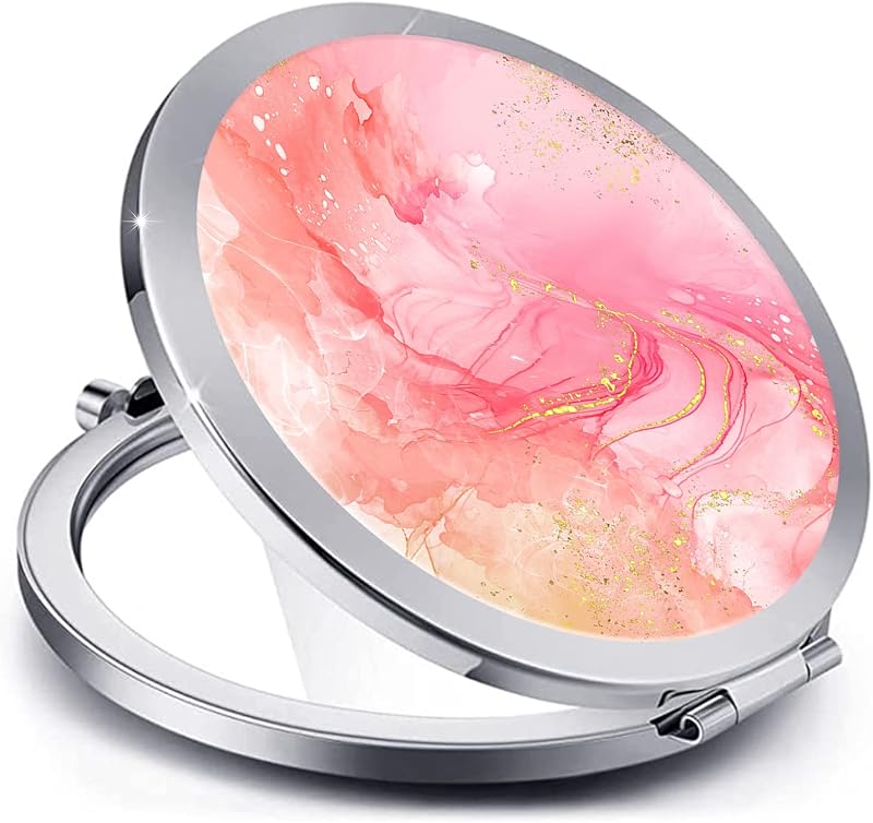 Espelho compacto dobrável redondo LONNAONE com dois lados, aumento 1X e 2X, Silver Fancy Pink Marble