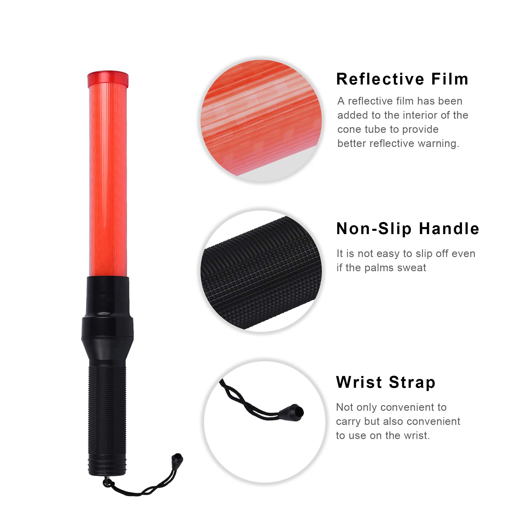  16 Inch Traffic Control Wand with 3 Flashing Modes, Red Signal LED Baton Light with Wrist Strap, Using 2 D-Size Batteries (Not Included)