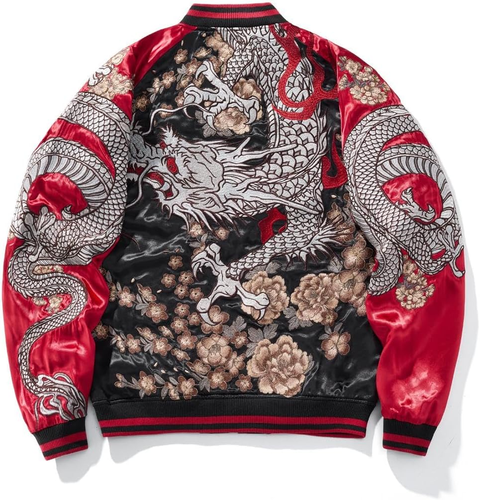 Dragon Embroidery Mens Bomber Jacket Asian Style Windbreaker Zip Up Vintage Streetwear Casual Motorcycle Coat