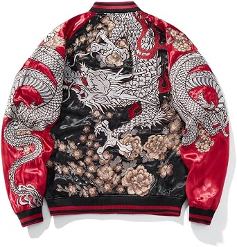 Asian Style Dragon Embroidery Satin Bomber Jacket | Vintage Japanese Style, Zip Up, Souvenir Jacket, For Men Women, Spring Fall