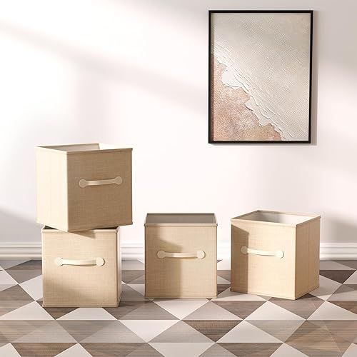 Miniatura 6 de CODCAW - Cubos de almacenamiento de tela cubos de almacenamiento con asas de cuero duales paquete de 4 cubos plegables para estantes hogar oficina
