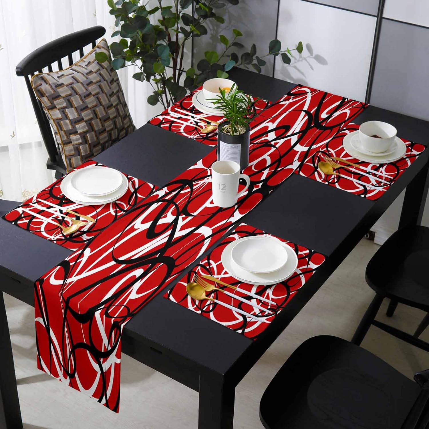 Red Black White Placemats Set of 4 with 90 Inches Long Table Runners, Cotton Linen Dining Table Runner Mats, Burlap Kitchen Tablerunner and Placemat Set Abstract Minimalist Geometric Stripes