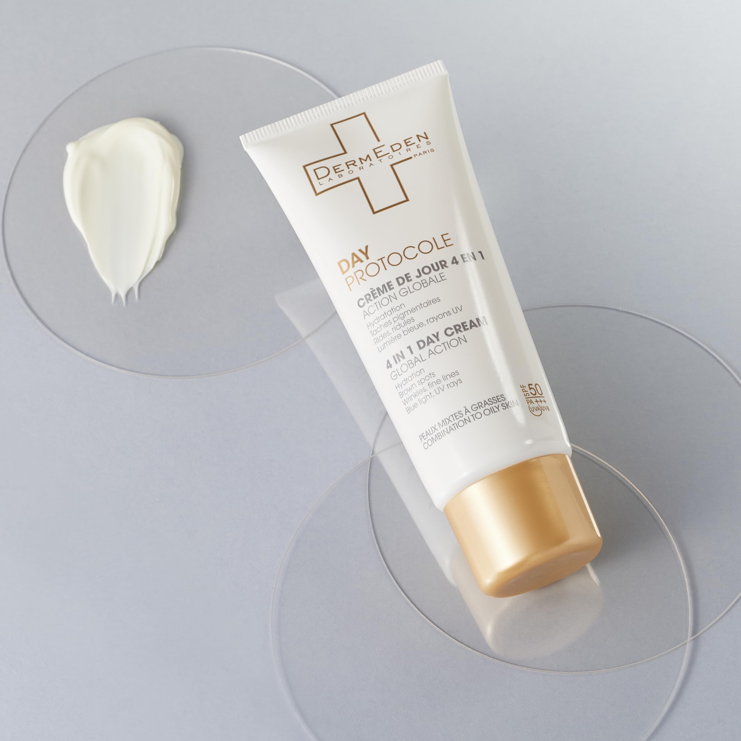 DermEden - Crema da giorno 50 ml per pelli da miste a grasse SPF 50-4 azioni in 1 - Protezione completa contro gli effetti nocivi della luce - Anti-macchie e anti-infiammatorio - Prodotto in Francia