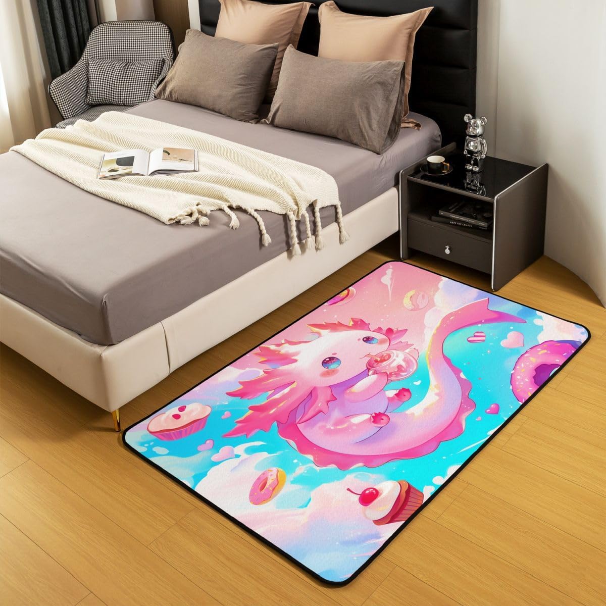 jejeloiu Cute Axolotl Area Rug 3x5 Polyester Rainbow Donut Living Room Rugs for Bedroom Cartoon Animal Decor Carpet Glitter Galaxy Indoor Floor Mat Soft Non-Slip