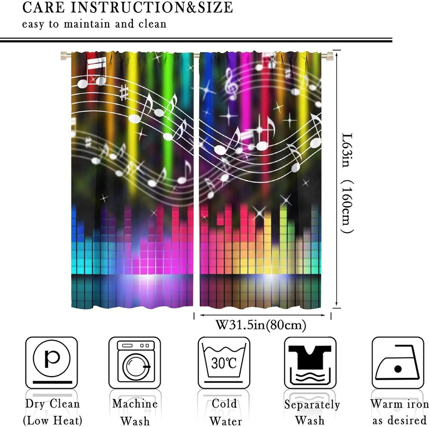 Music Window Curtain,Sound Ar Music Equalizer Note Colorful Pattern Blackout Curtains for Bedroom Living Room Music Room Window Drapes 2 Panel Set,Total Size 63" x 63"