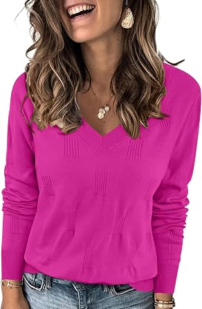 Yincro Women V Neck Long Sleeve Soft Sweater Knit Casual Pullover Top