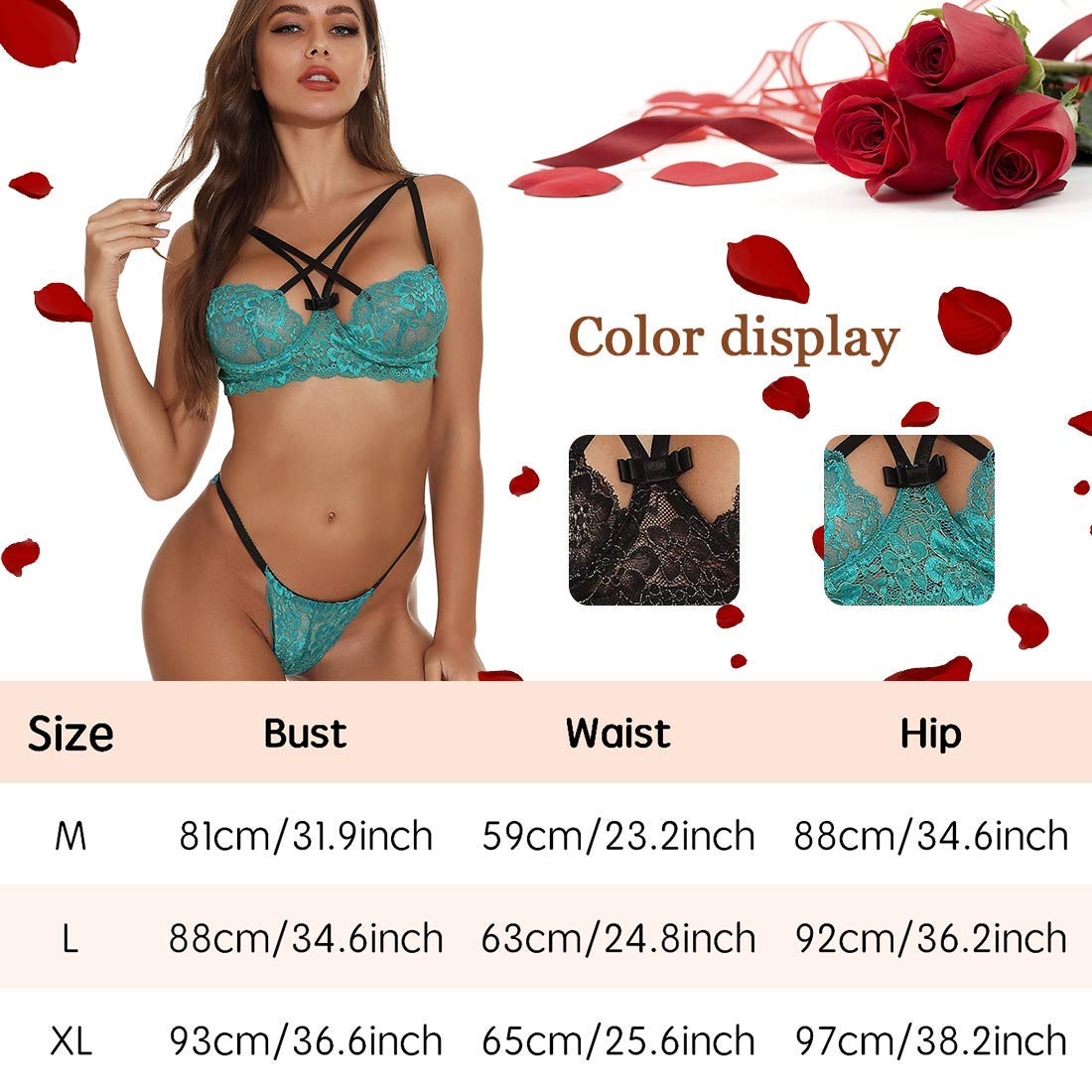 Conjuntos de Sujetador y Bragas para Mujer, 2 Piezas de Ropa Interior de Encaje con Tiras Cruzadas en el Pecho, Conjunto de Ropa de Dormir (Verde XL)