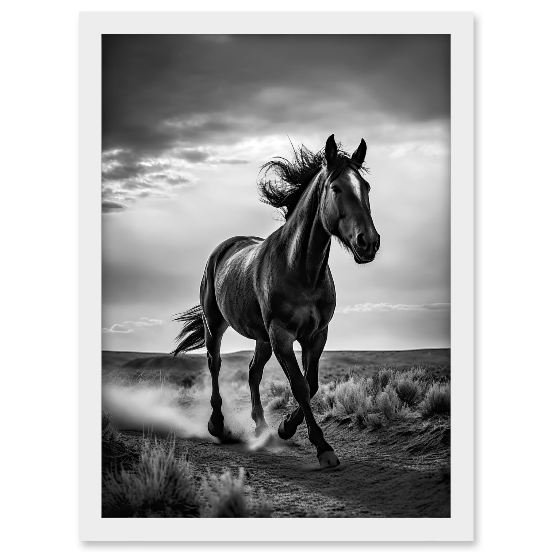 Artery8 Horse Galloping Desert Landscape Black and White Artwork Framed A3 Wall Art Print