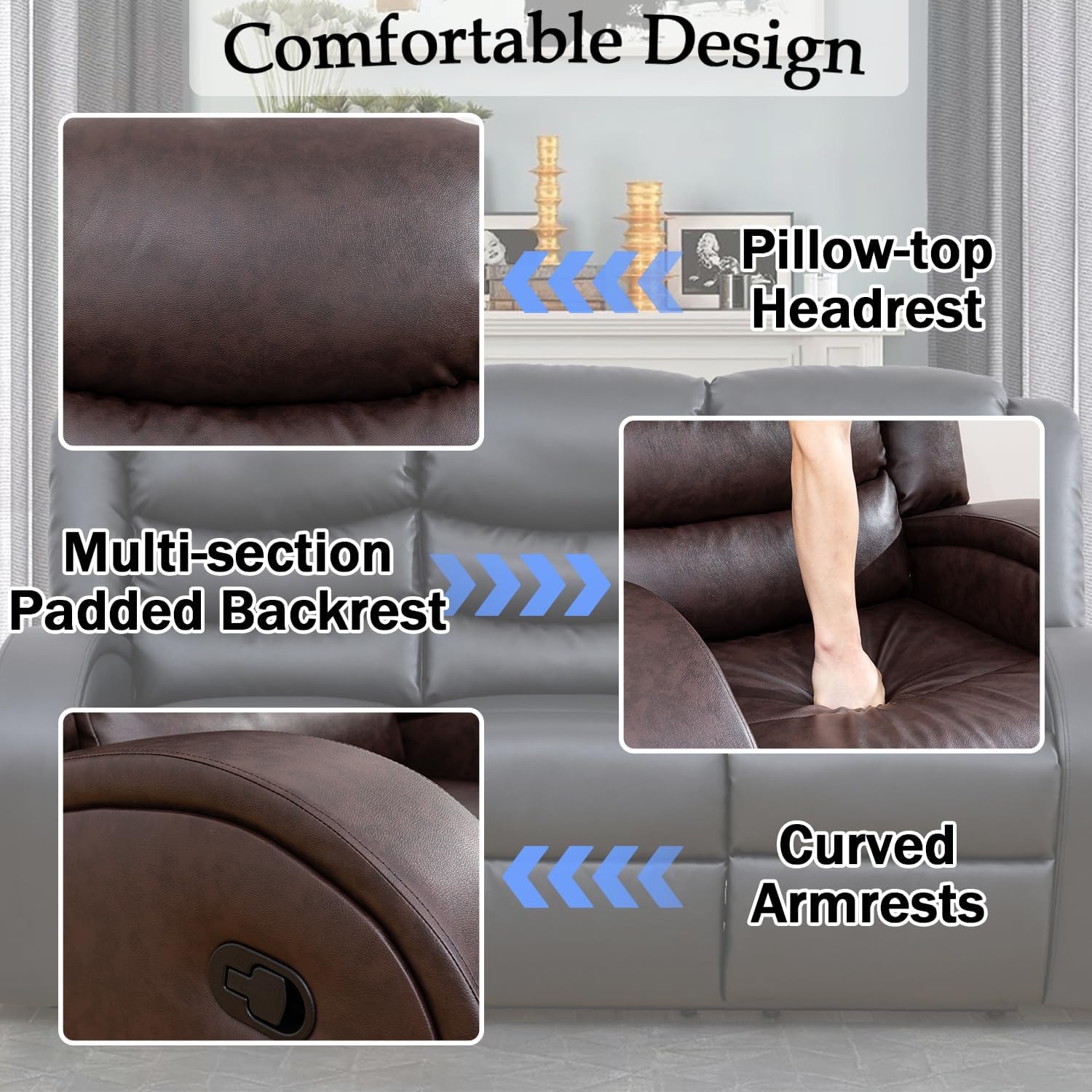 Leather Recliner Sofa Set for Living Room Furniture Set, Manual Recliling Loveseat Couch with Curved Armrests for Living Room/Small Space/Rv(Loveseat,Brown)