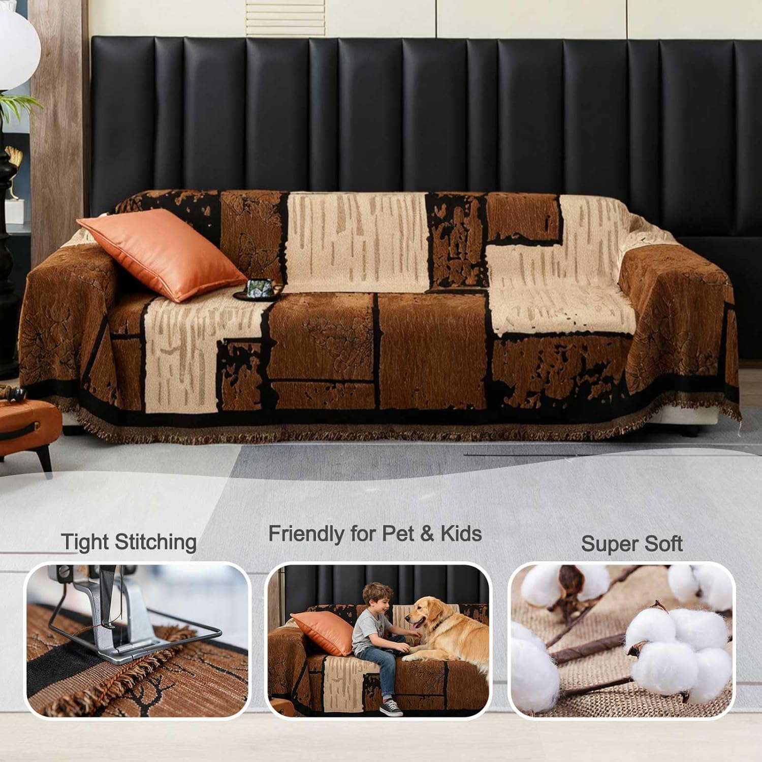 Brown Couch Covers for 3-Cushion Couches - Washable, Pet & Kid Resistant,Modern Anti-Slip Furniture Protector (71''x 134'') Brown 71''x 134''