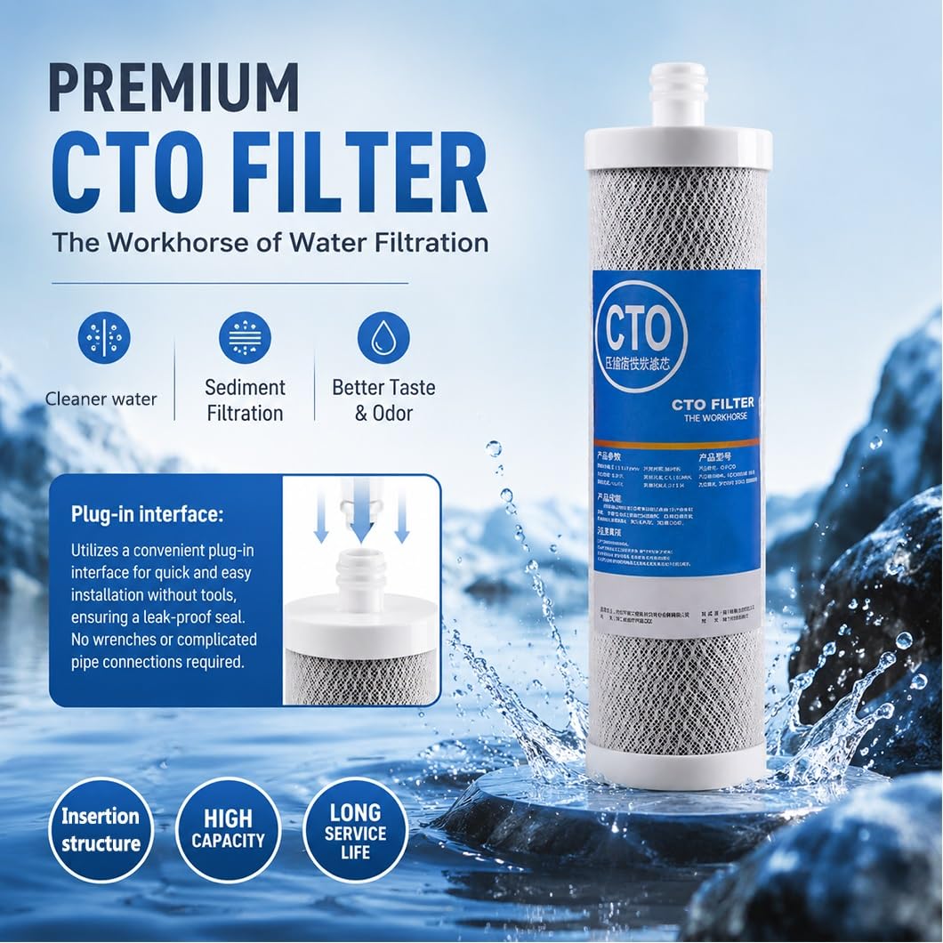 Paquete 4 cartuchos filtrantes CTO de carbón activado de cáscara de coco 10x2,6in con conexión enchufable, aptos para prefiltración bajo fregadero y por ósmosis inversa