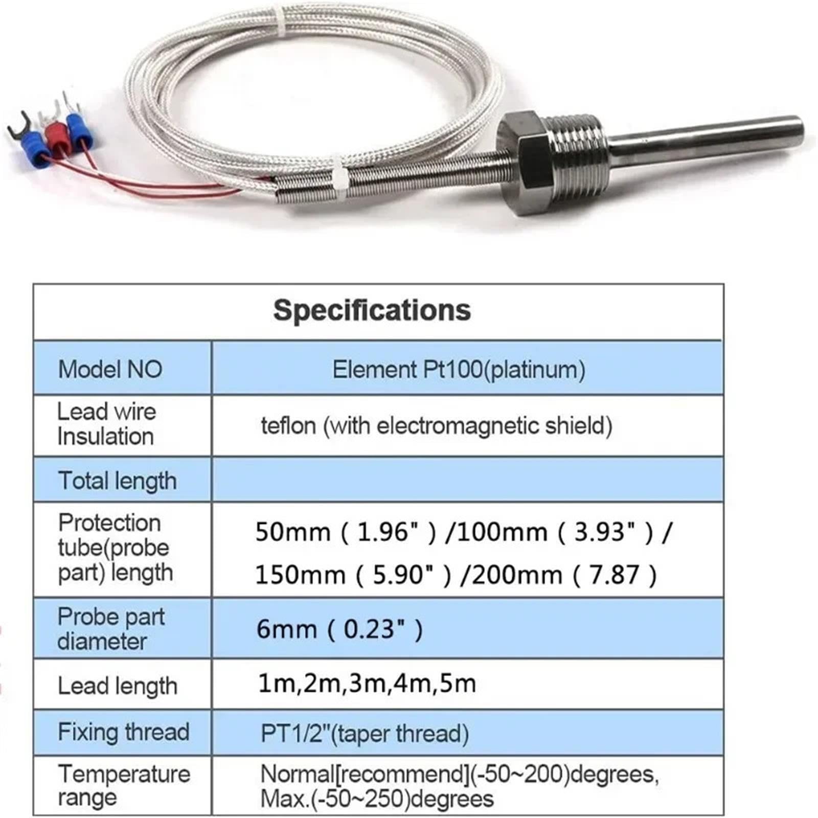 Sonda sensore di temperatura PT100 Controller a 3 fili -200 ~ 250 ℃ Termocoppia in acciaio inossidabile 304 impermeabile e antiruggine (PT100 lunghezza cavo 5m, 100 mm)