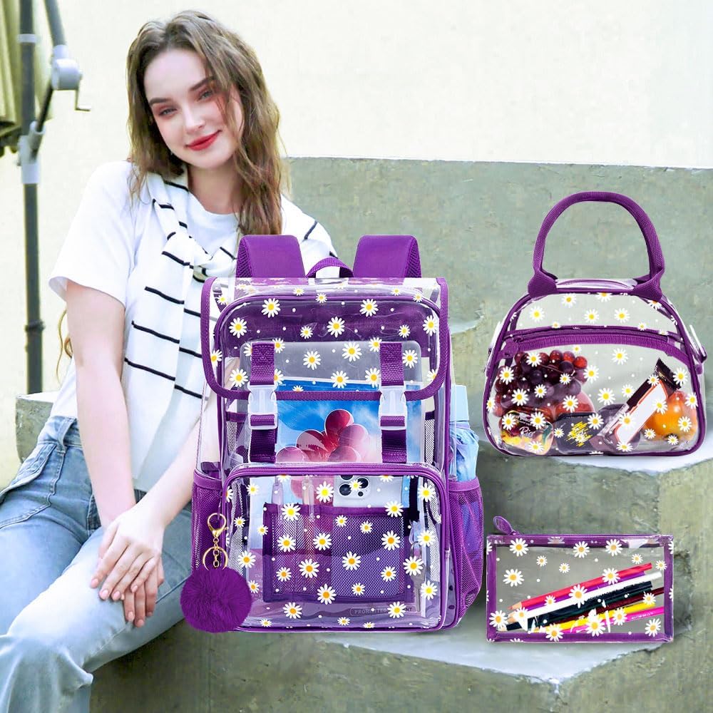 3Pcs Clear Backpack for School, Girls Kids Transparent Bookbag Set, 17" Daisy Stadium Approved See Through Backpack with Lunch Box (Deep Purple)