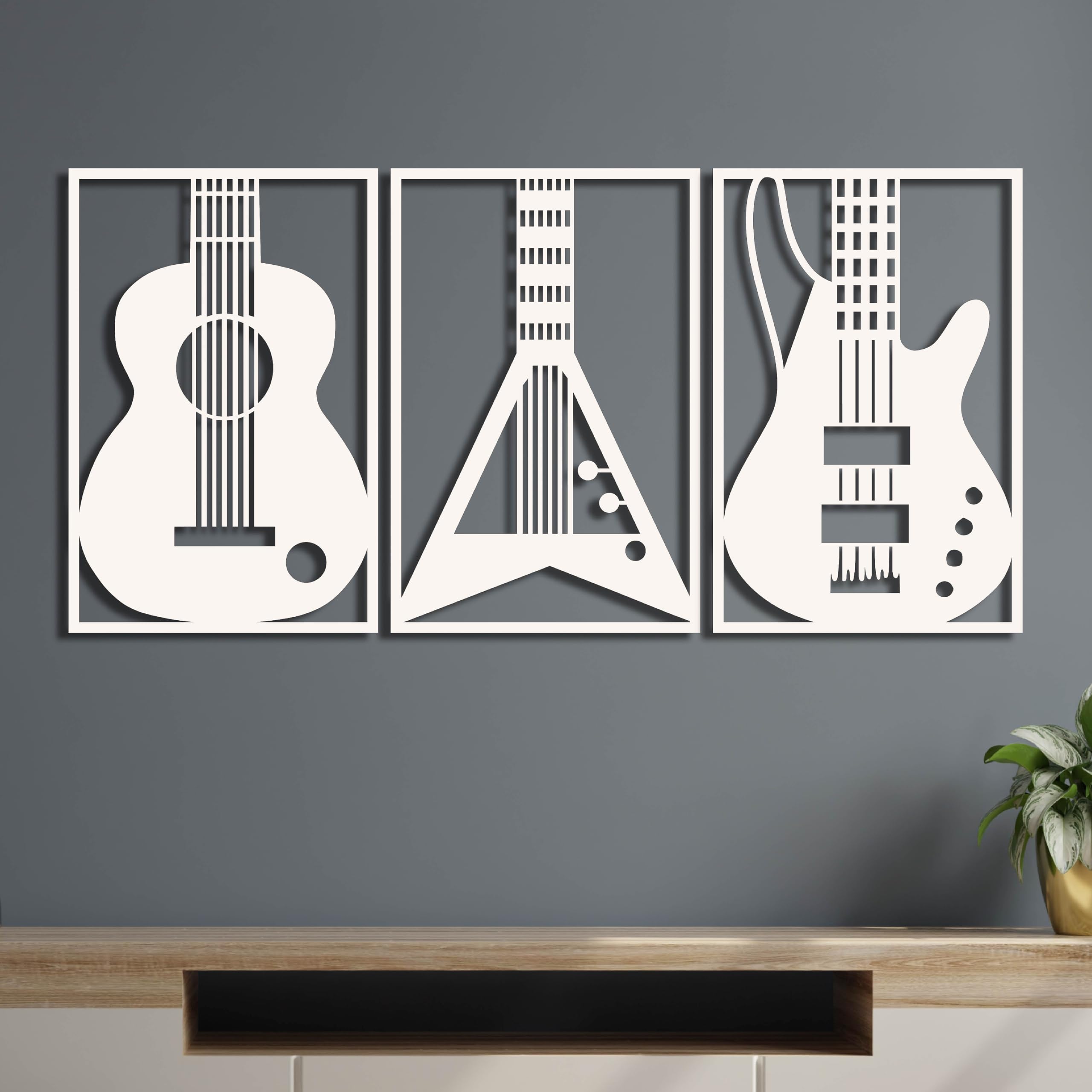 KAWA METALWORKS Decorazione da parete in metallo per la casa, 3 pezzi, decorazione da parete in metallo, moderna decorazione da parete in metallo per gli amanti della musica, regalo per chitarristi