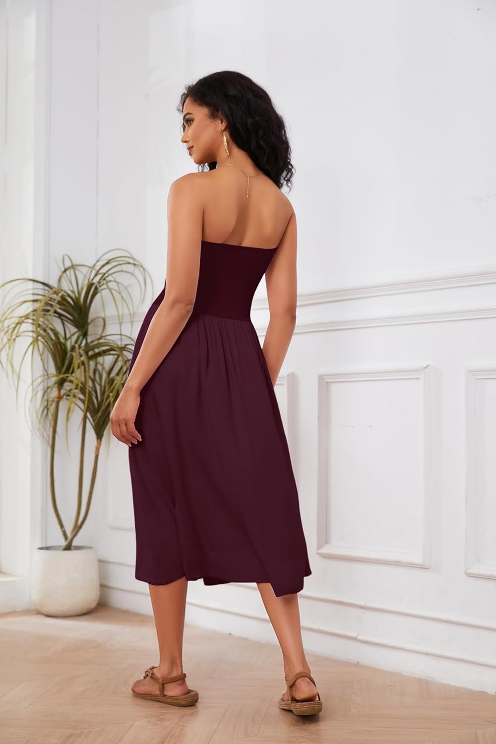 OLAPTA Women Strapless Tube Top Maxi Dresses Patchwork Casual Sleeveless Backless Dresses Swing Basic Solid Dress with Pocket