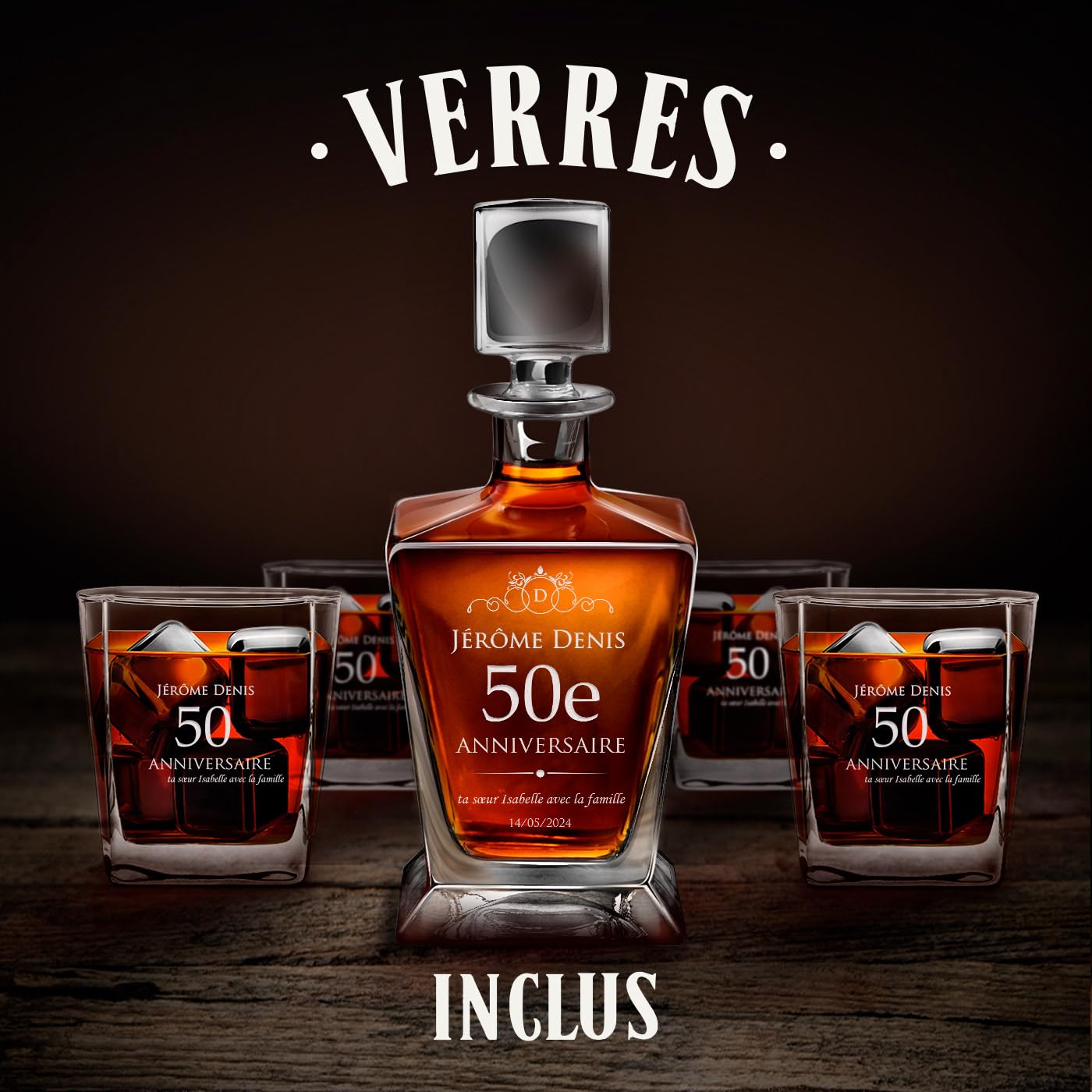 Maverton Ensemble de Carafe et 4/6 Verres à personnaliser - 0,8l Décanteur Whiskey + 2/4/6 Verres de 250ml - Souvenir pour homme - Service à Whisky pour lui - pour anniversaire - 50 ans