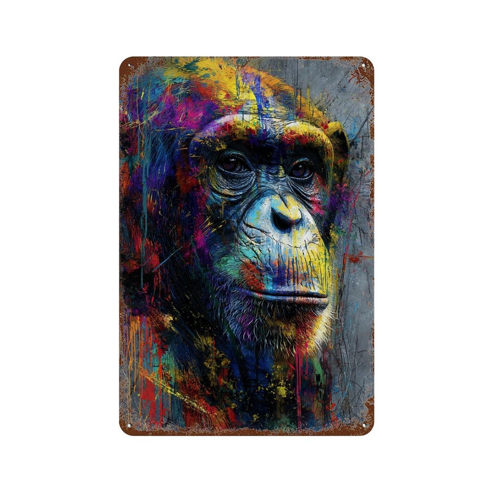 Colorful Chimpanzee Portrait Art Print Retro Metal Sign 11.8"x7.9", for Bistro, Counter And Cafe Decor, Rustic Home Decor