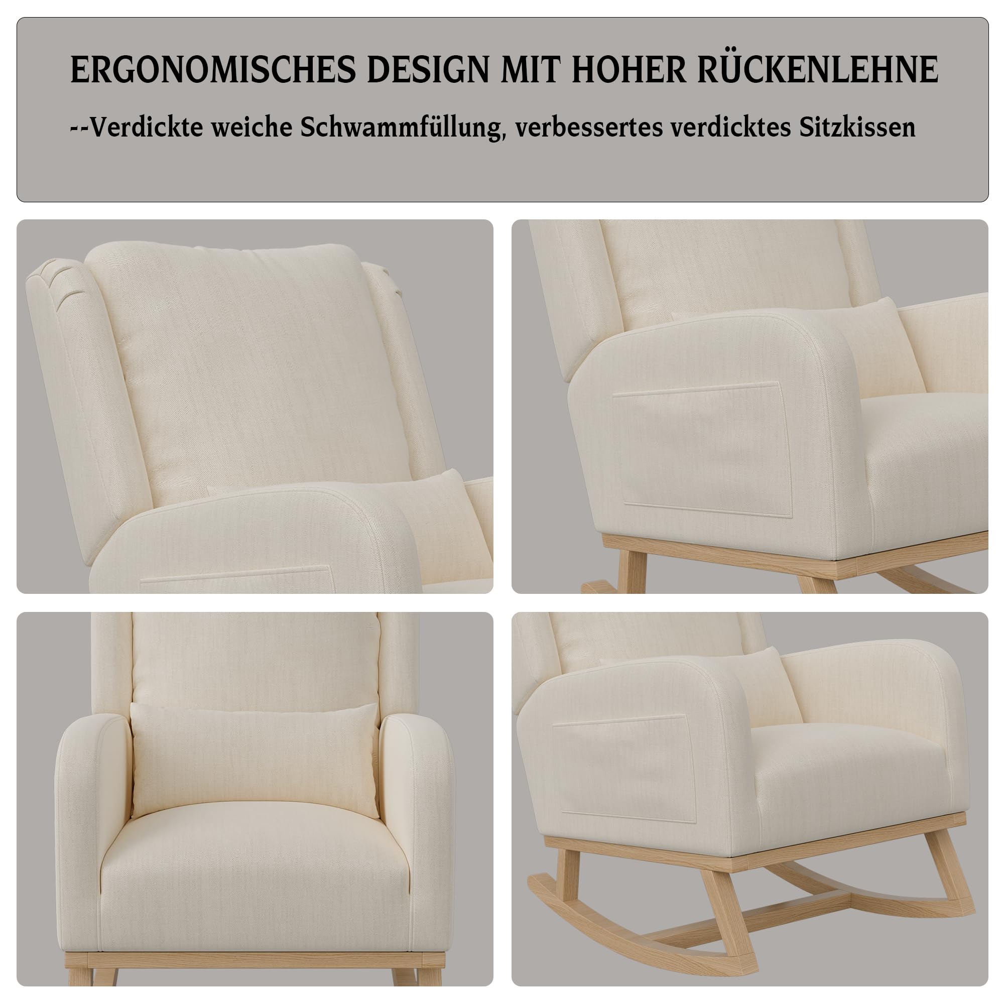 BRILVERDE Mecedora Escandinava con Bolsillos Laterales y Base de Madera Maciza, para Salón, Balcón o Salón de Lectura y Relajación, Beige, Lino y Esponja, Ergonómica y Reposabrazos