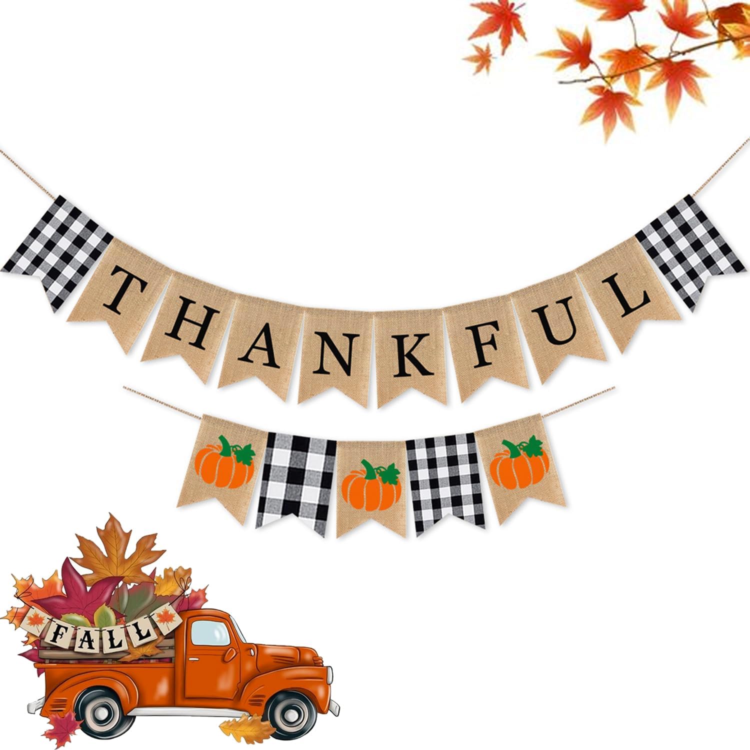 Thankful Buffalo Check Plaid Burlap Banner, 2 Pcs Thanksgiving Decorations Bunting Garland Black and White Autumn Pumpkin Harvest Friendsgiving Party Favor for Mental Fireplace Office Classroom