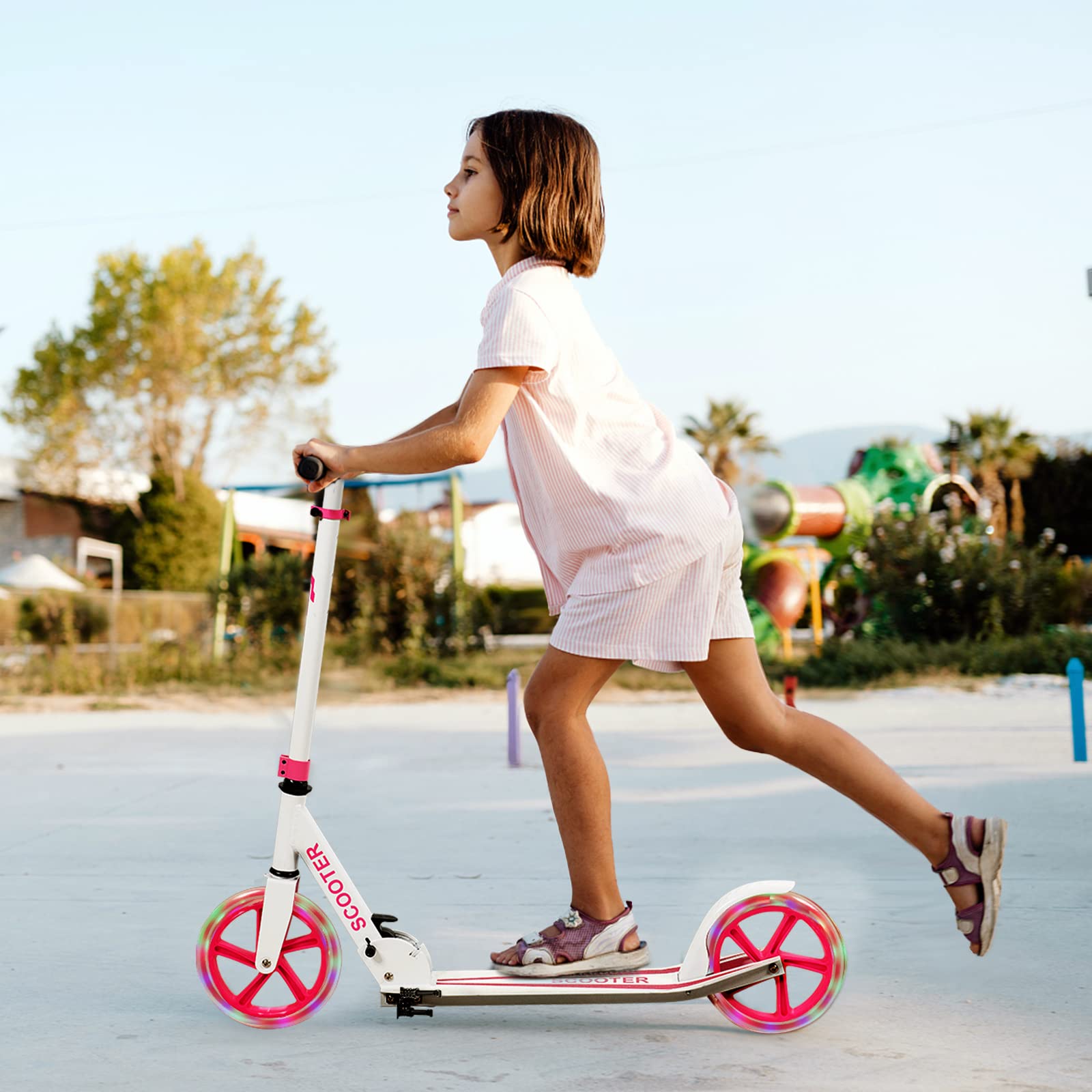 KOMFOTTEU Monopattino Pieghevole per Bambini e Adulti Fino a 110kg, Manopattino a 2 Ruote Luminose con Freno, Scooter per Bambini con Manubrio Regolabile e Cinghia di Trasporto