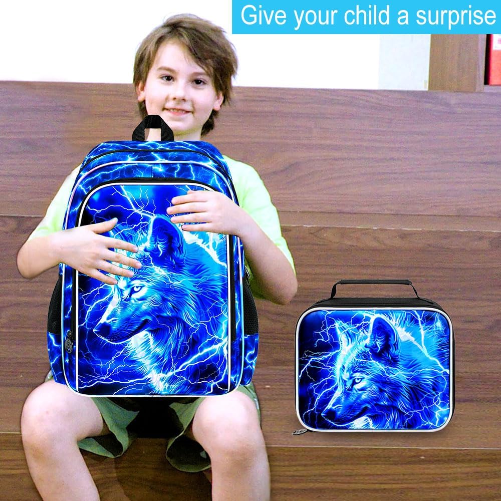 17" Wolf Backpack for School, Kids Boys Lightning Bookbag with Lunch Box, 3Pcs Backpacks for Elementary Preschool Kindergarten (Blue)