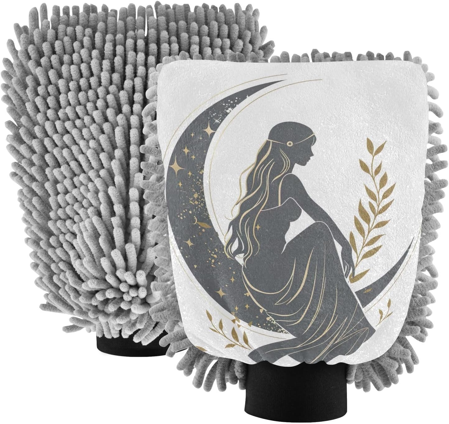 ODAWA 2 Pack Beautiful Woman Sitting on Moon Car Cleaning Mitt, Streak-Free Chenille Microfiber Auto Detailing Wash Mitt 7.09" x 10.24"