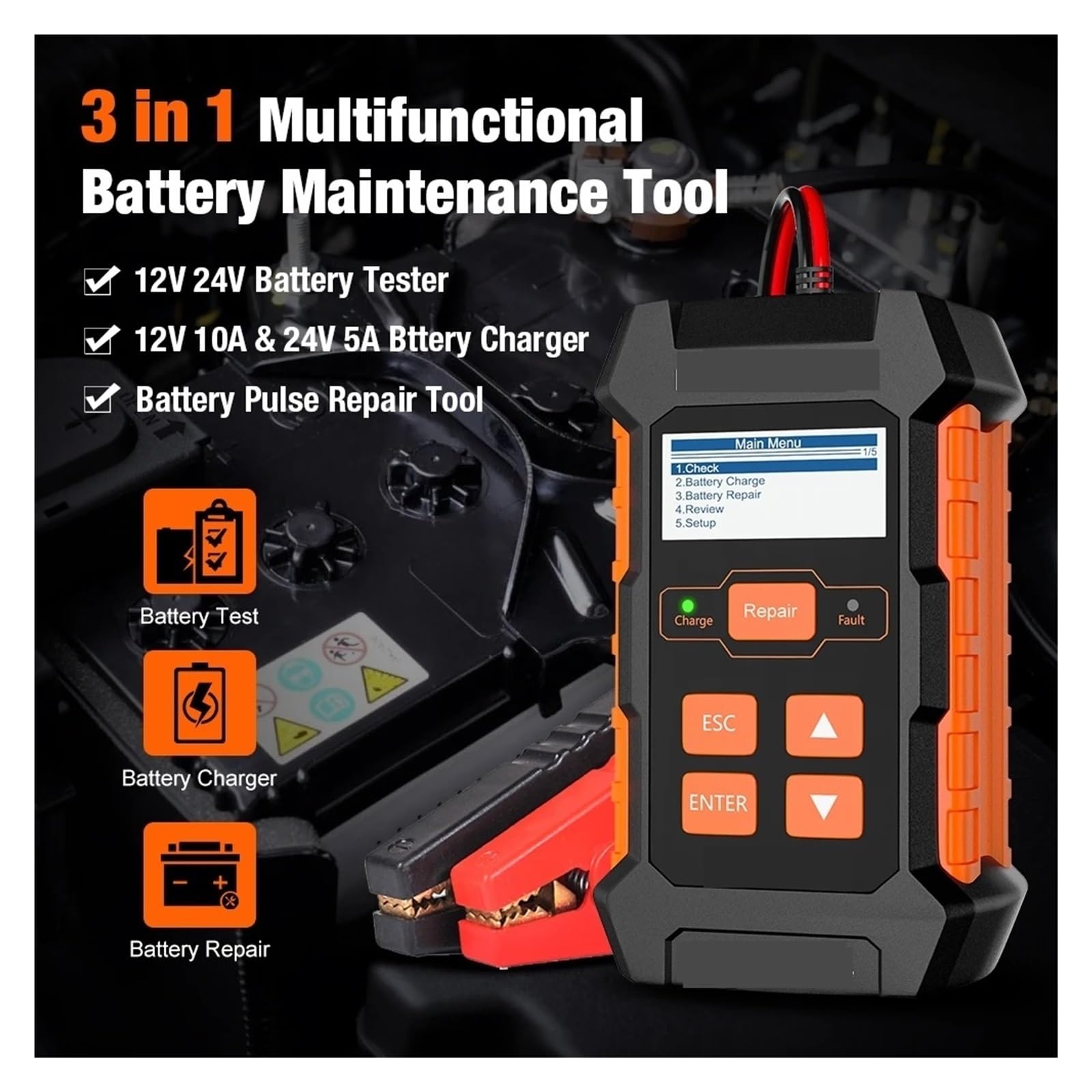 Tester per batterie, KW520 10A 5A Tester professionale per batterie auto | Offre test di tensione, analisi della capacità; ideale per batterie di auto, camion e moto.