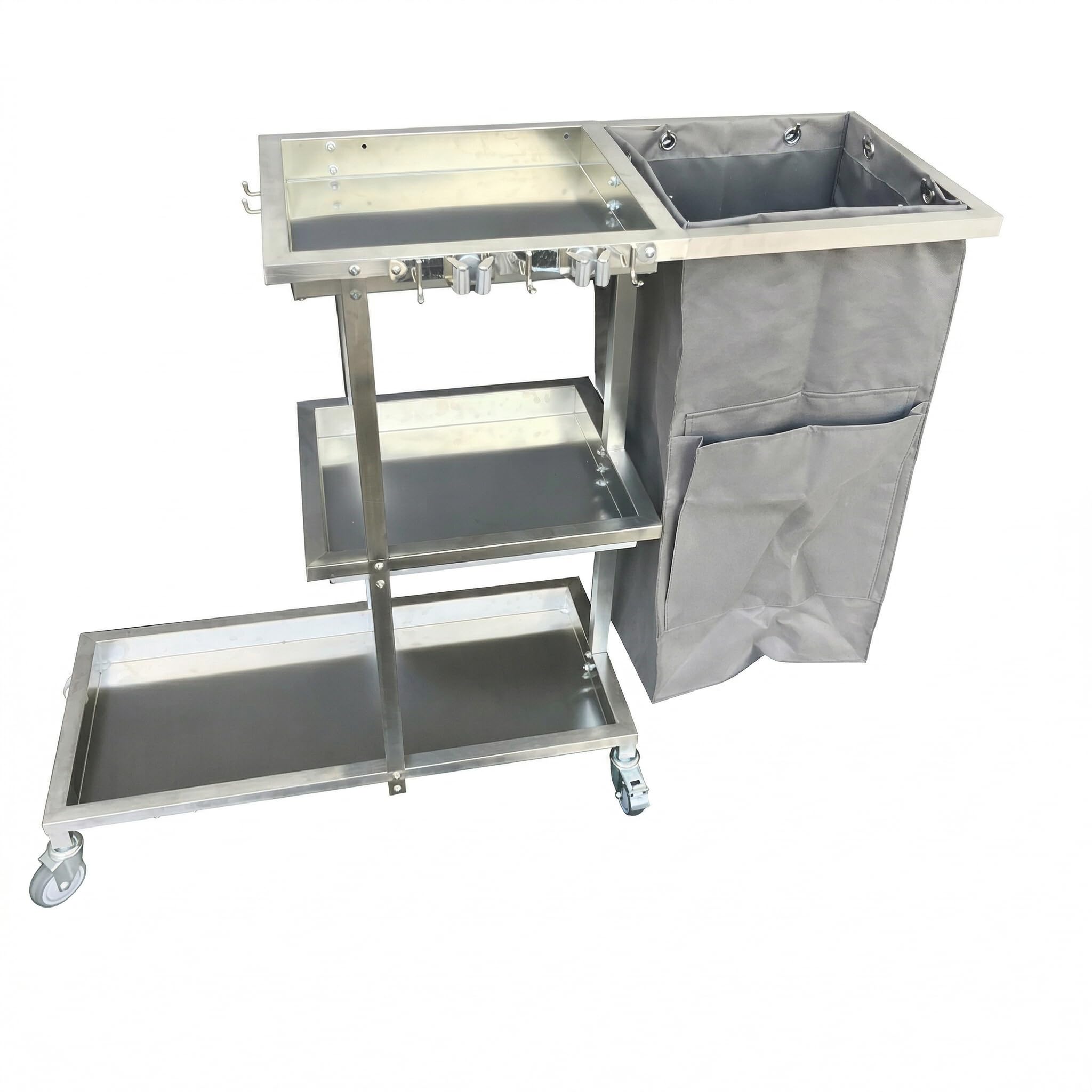 Shoppers Hub PNQ Stainless Steel Cleaning Cart Trolley Small Size with Grey Bag & Pockets | Heavy Duty Janitor Cart with Side Hooks for Hanging | Housekeeping Trolley for Hotels, Hospitals & Offices-image-3