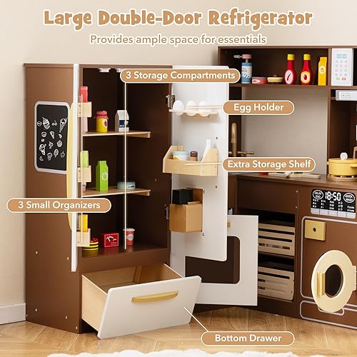 Miniatura 5 de Costzon Juego de cocina de esquina, juego de juguetes de cocina con luces y sonidos reales, refrigerador grande, máquina de hielo, horno,