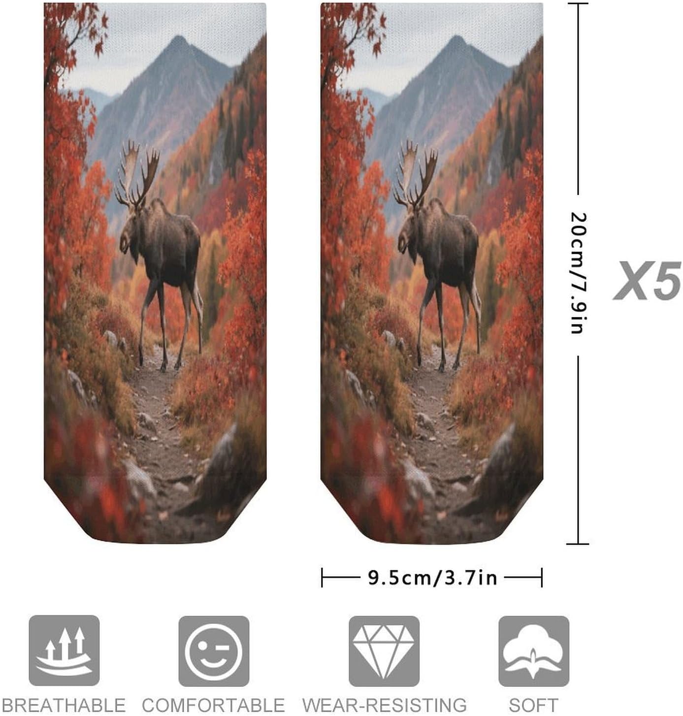 Socks for Men Women 5 Pairs Short Ankle Socks | Majestic Moose in Forest Low Cut Casual Crew Sock Cute Breathable Athletic Socks Non Slip No Show Sock
