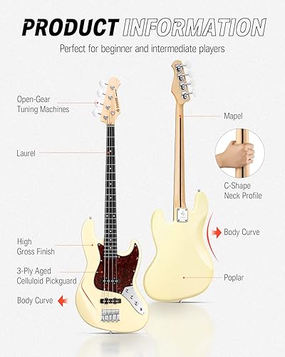 Miniatura 5 de Donner DJB-510 - Bajo eléctrico de 4 cuerdas, tamaño completo, bajo estándar estilo JB, kit para principiantes, con bolsa de lecciones en línea,