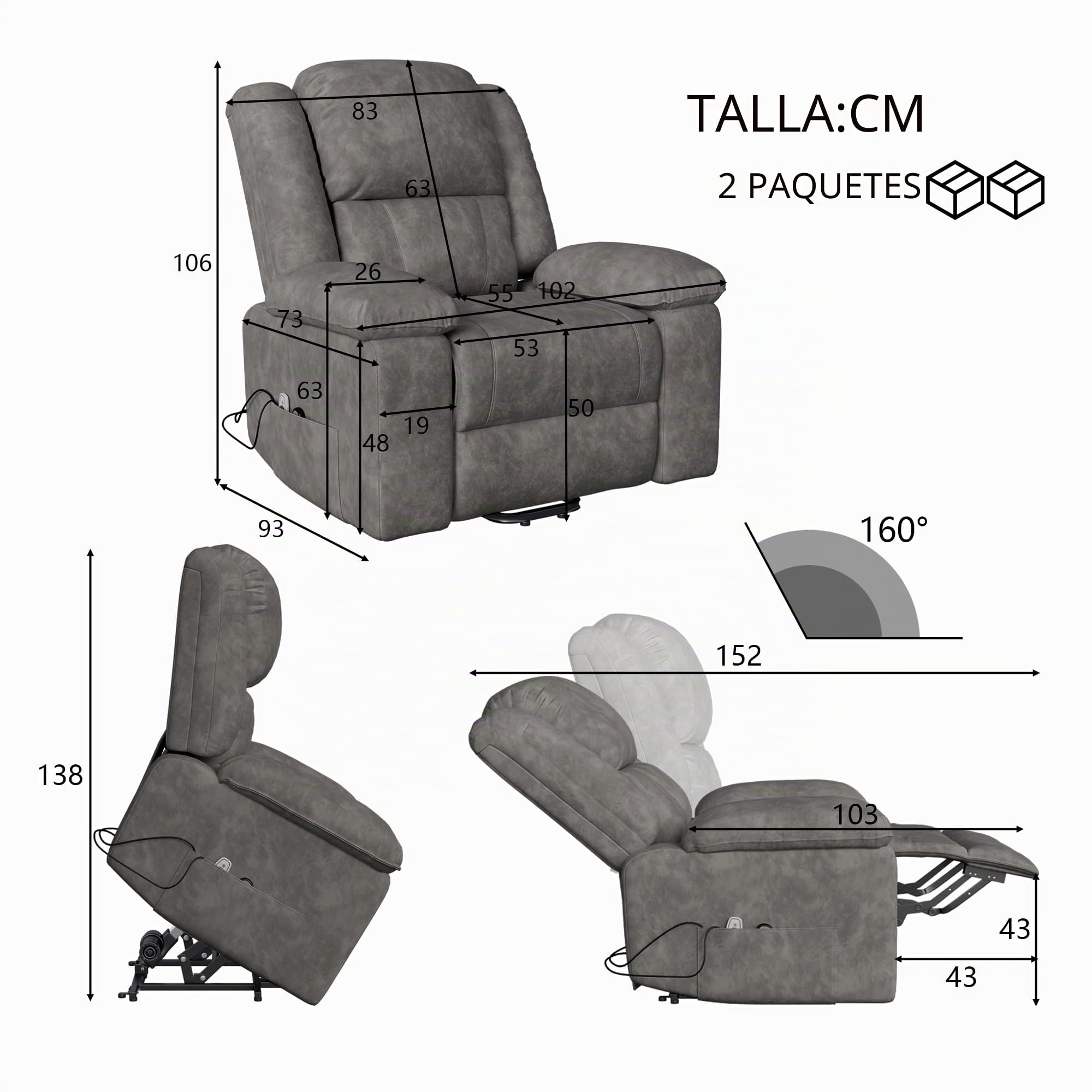 Silla de Masaje eléctrica, sillón Relax con 8 Zonas de Masaje potentes y 2 Puntos de Calor, Silla eléctrica con función reclinable y Bolsillos Laterales (Gris, A)