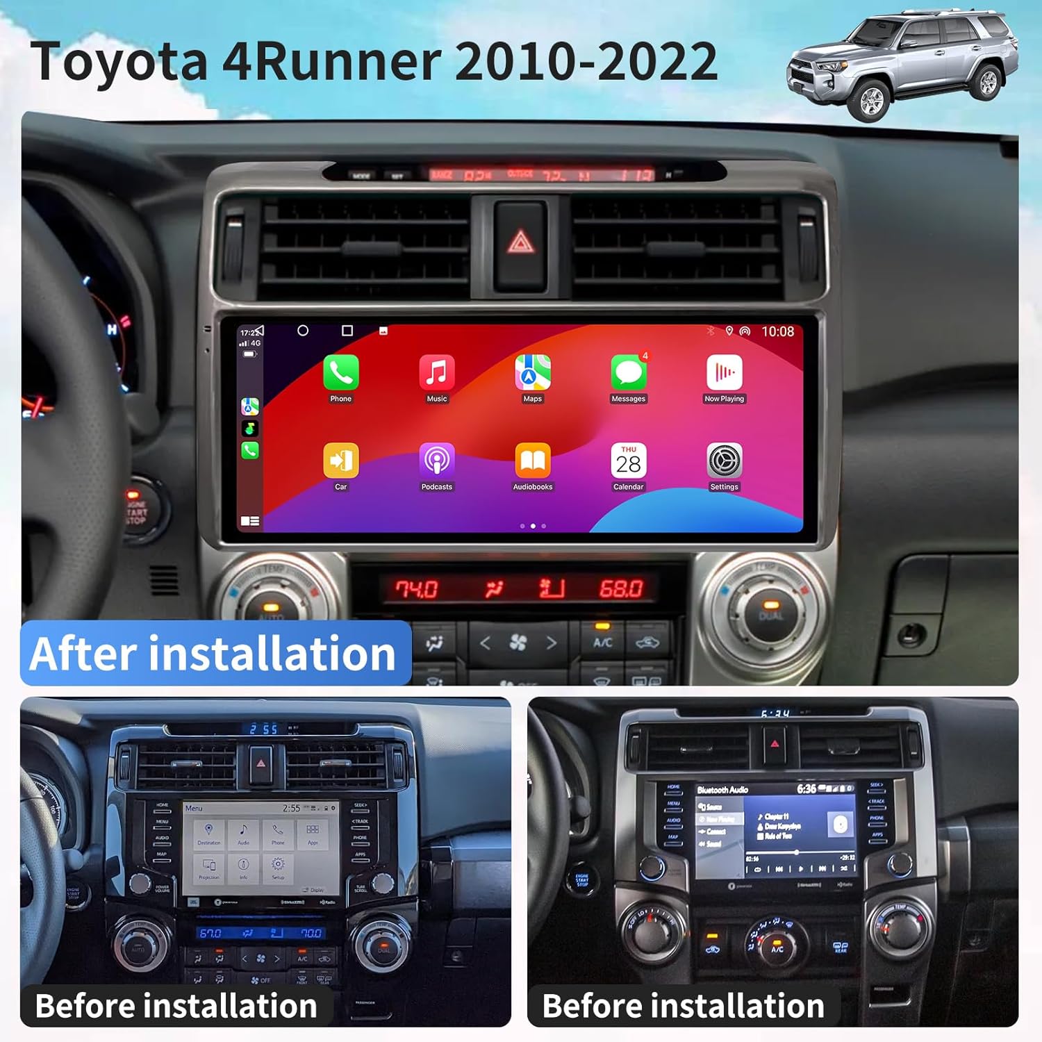 Car Radio Stereo for Toyota 4Runner 2010-2023 Replacement Head Unit 12.3 Inch Touch Screen Carplay Android Auto Tesla Style GPS Navigation Multimedia Play