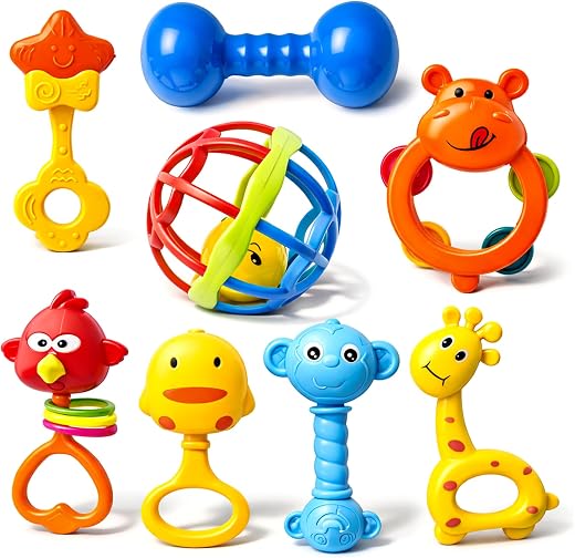WISHKEY Colorful Attractive Plastic Non Toxic Set of 8 Shake &amp; Grab Rattle BPA Free for New Born and Infants (Pack of 8, M...