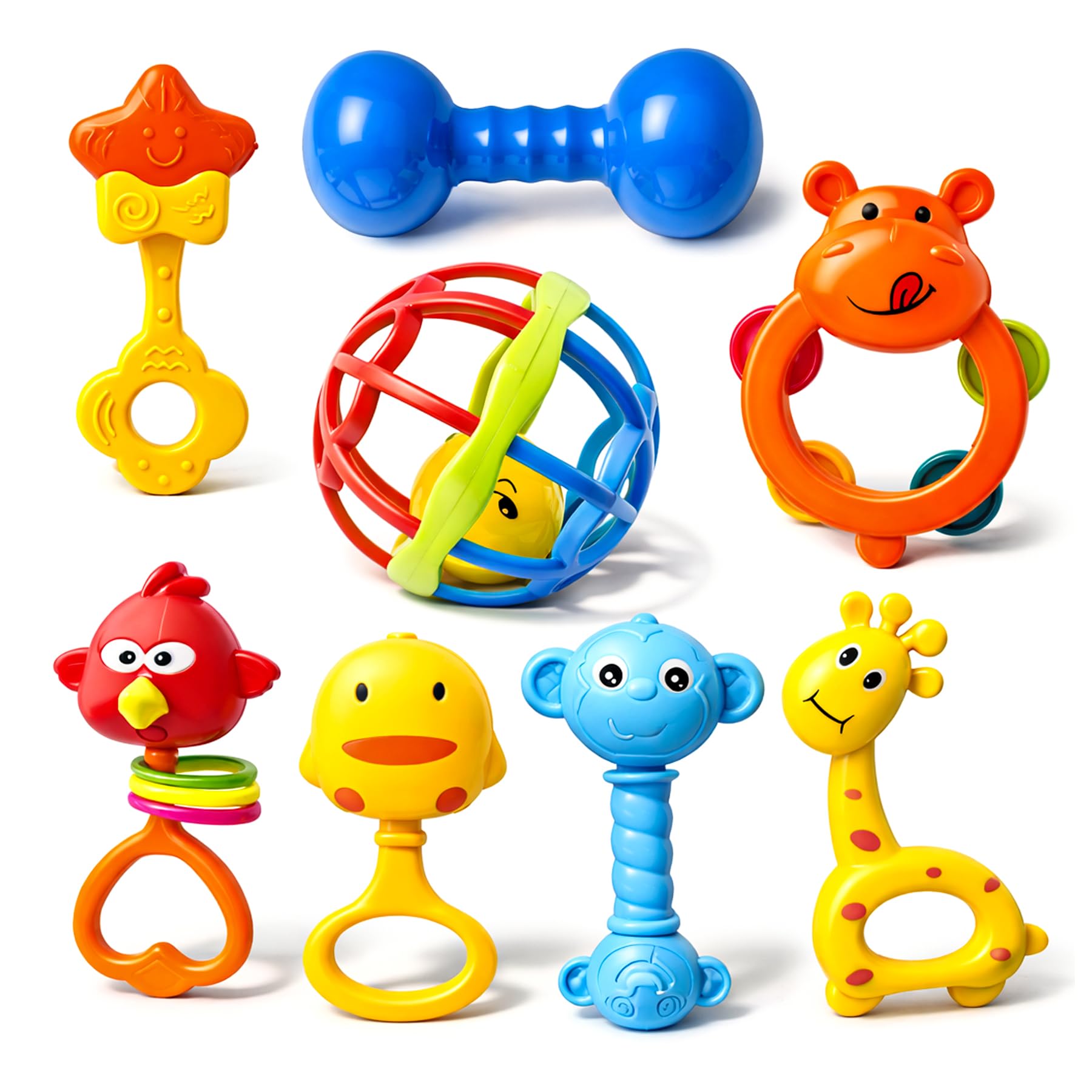 WISHKEY Colorful Attractive Plastic Non Toxic Set of 8 Shake & Grab Rattle BPA Free for New Born and Infants (Pack of 8, Multicolor)