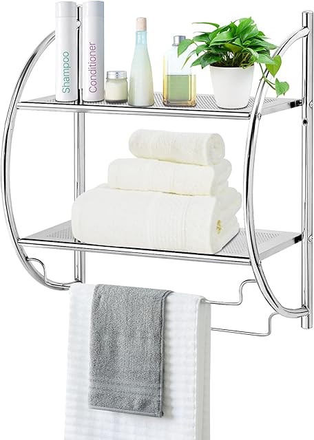 CASART Wall Mounted Towel Rack, Multifunctional Towel Rail Shelving Unit, Display Shelf Storage Organiser for Bathroom, Kitchen and Living Room (Silver, Steel)