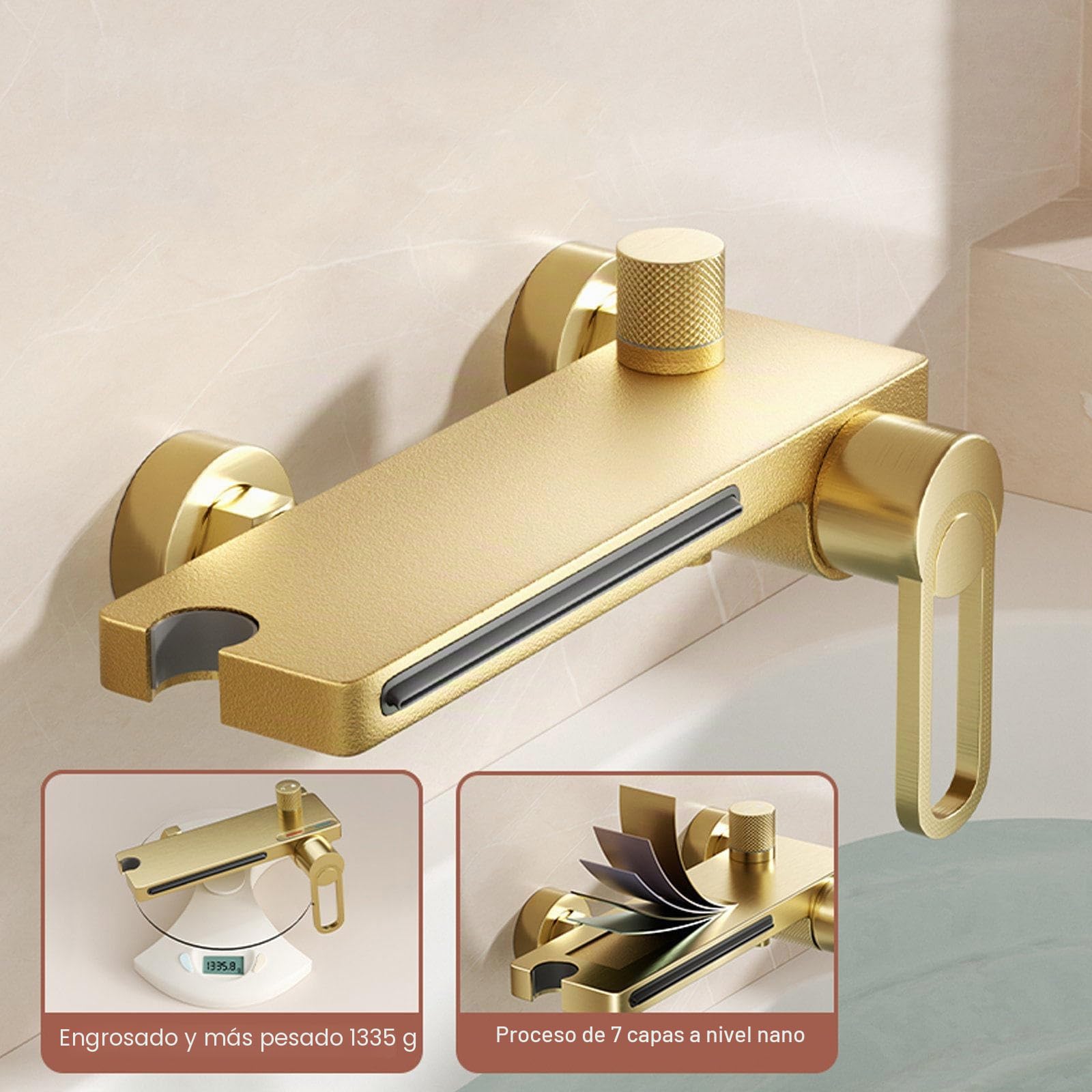 Grifo Bañera, Grifo Ducha Cascada Alto Flujo | Latón, Monomando Mezclador de Bañera, Agua Caliente y Fría Regulable, Incluir Alcachofa 3 Modos, Manguera de 150 cm