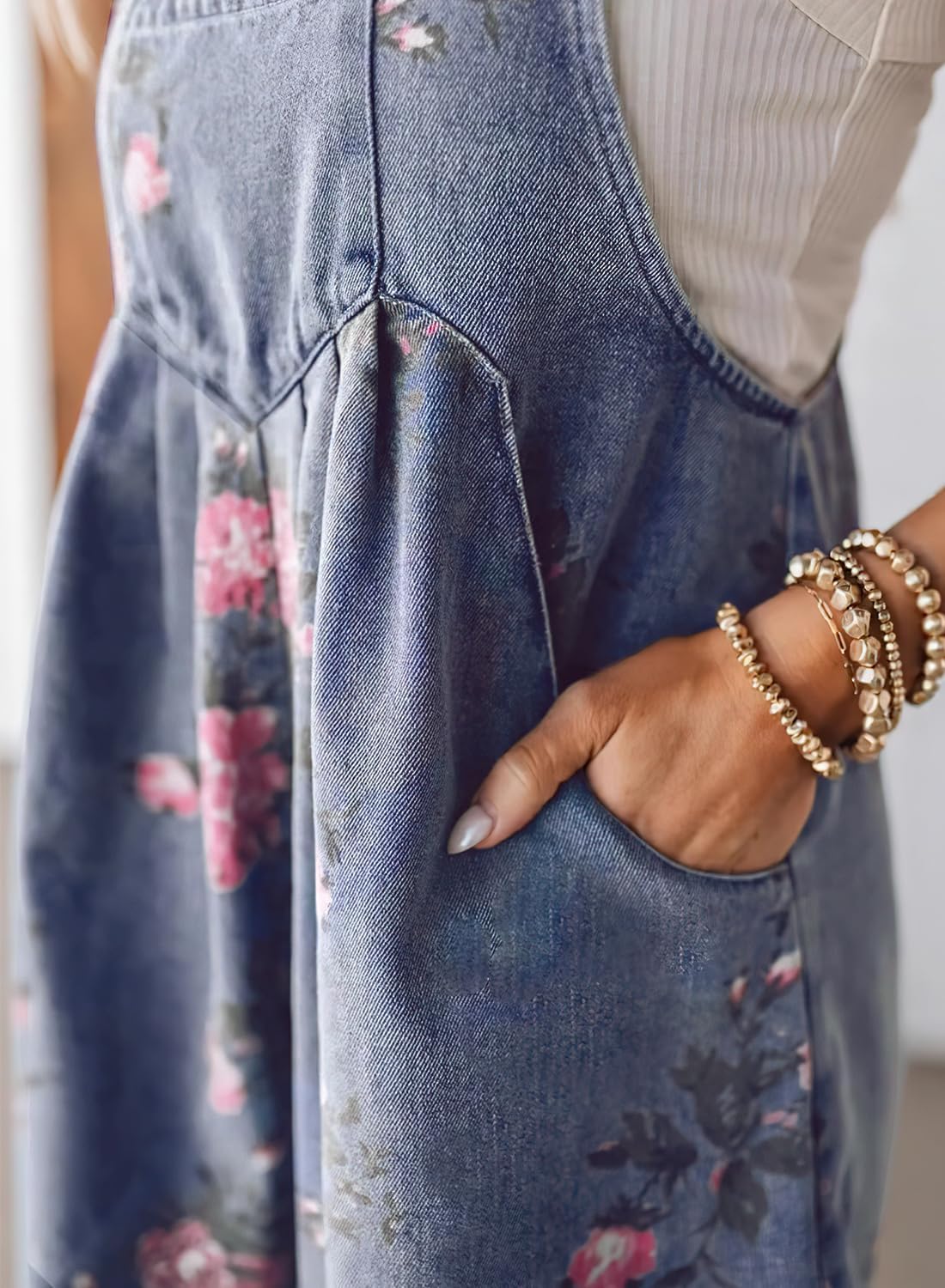 ebossy Women's Trendy Floral Print Denim Overalls Adjustable Straps Wide Leg Short Jean Bib Romper Jumpsuit